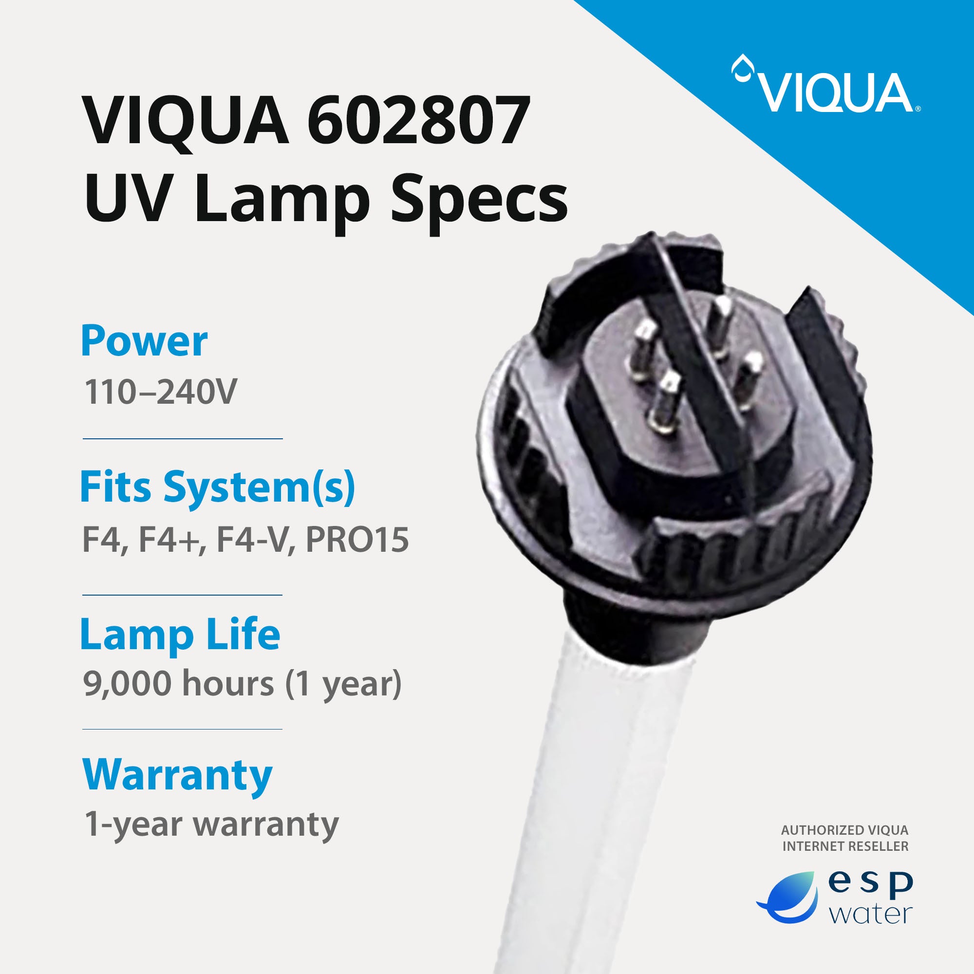 VIQUA 602807 UV replacement lamp specifications with recommended 12-month replacement