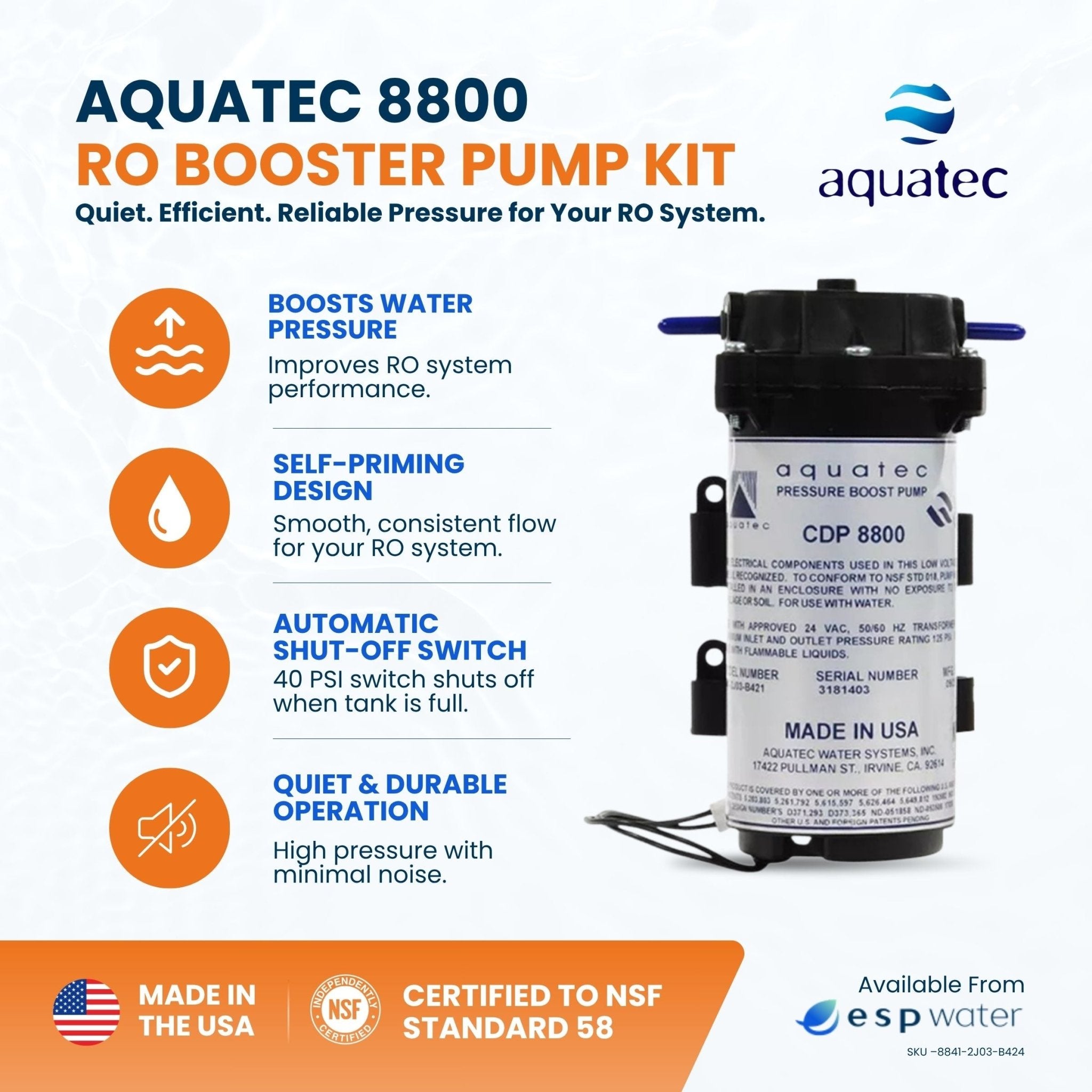 Aquatec 8800 Booster Pump Kit with Pressure Switch and Transformer, 1/4-Inch Fittings 50-100 GPD 8841-2J03-B424-B - ESP Water