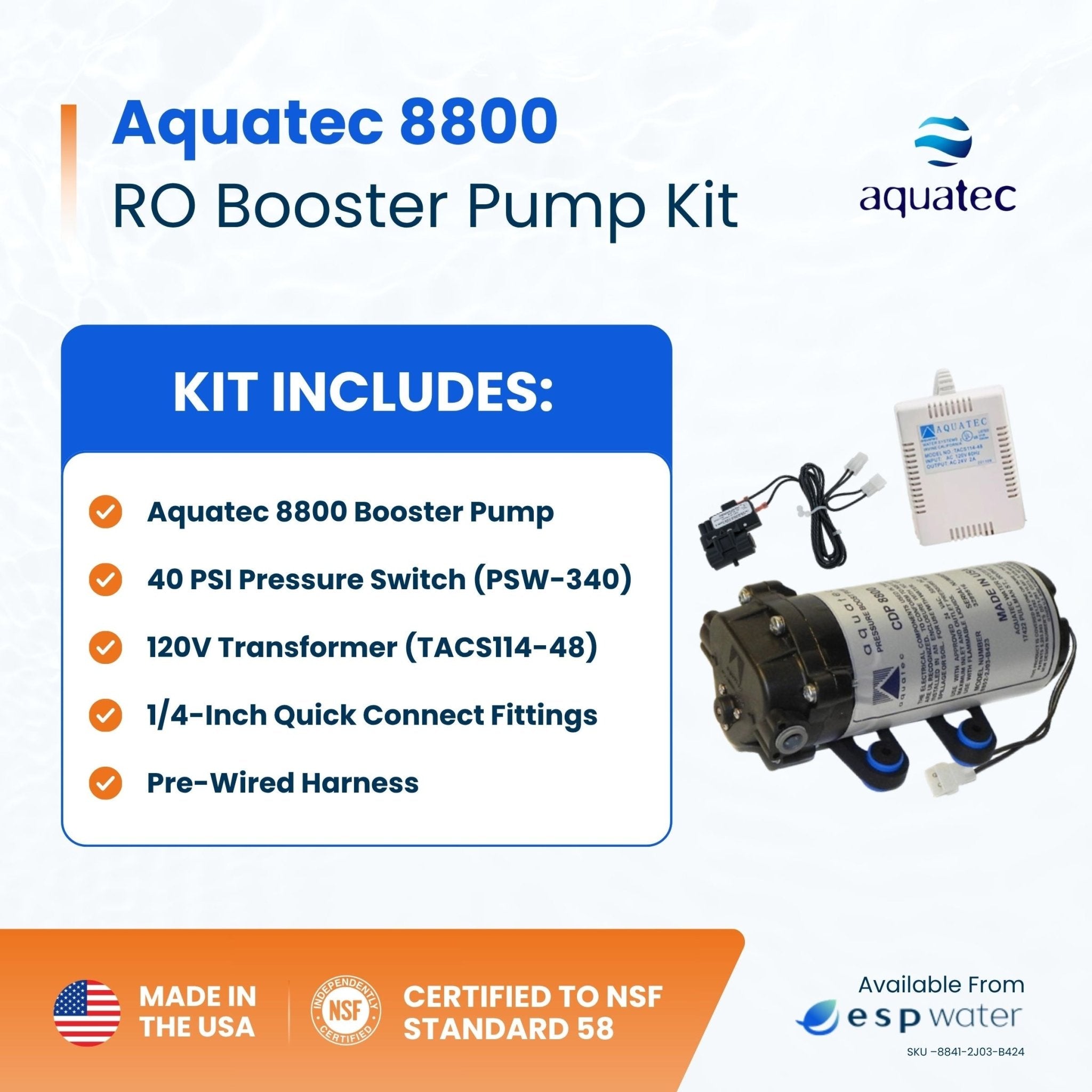 Aquatec 8800 Booster Pump Kit with Pressure Switch and Transformer, 1/4-Inch Fittings 50-100 GPD 8841-2J03-B424-B - ESP Water