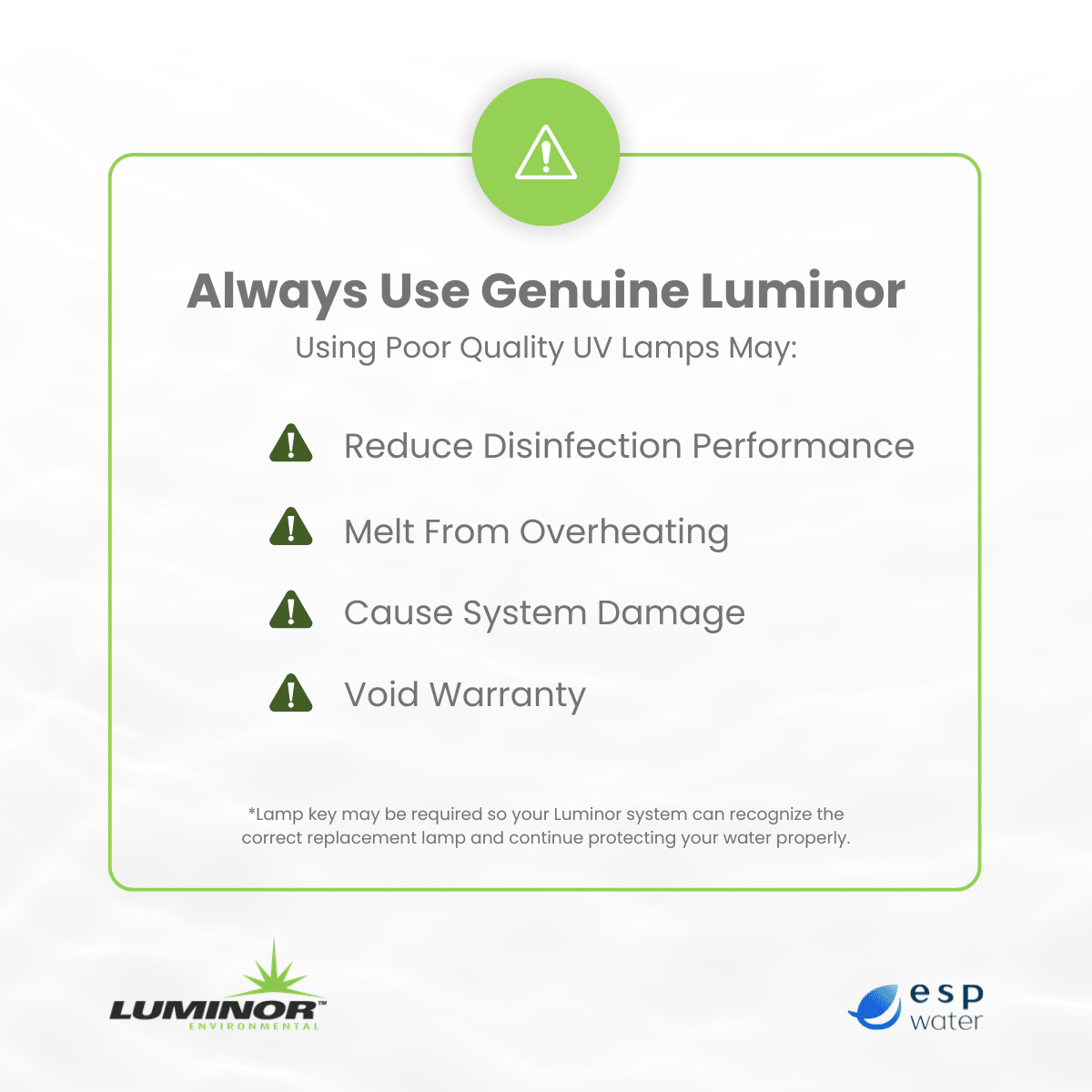 Why genuine Luminor UV lamps and quartz sleeves help maintain system performance and certification