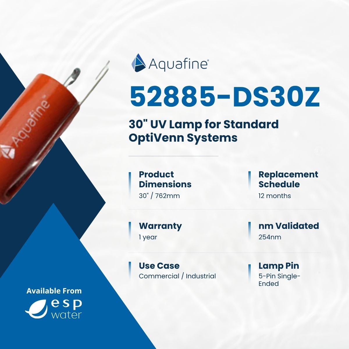 Aquafine 52885-DS30Z 30-inch UV lamp specifications for OptiVenn systems