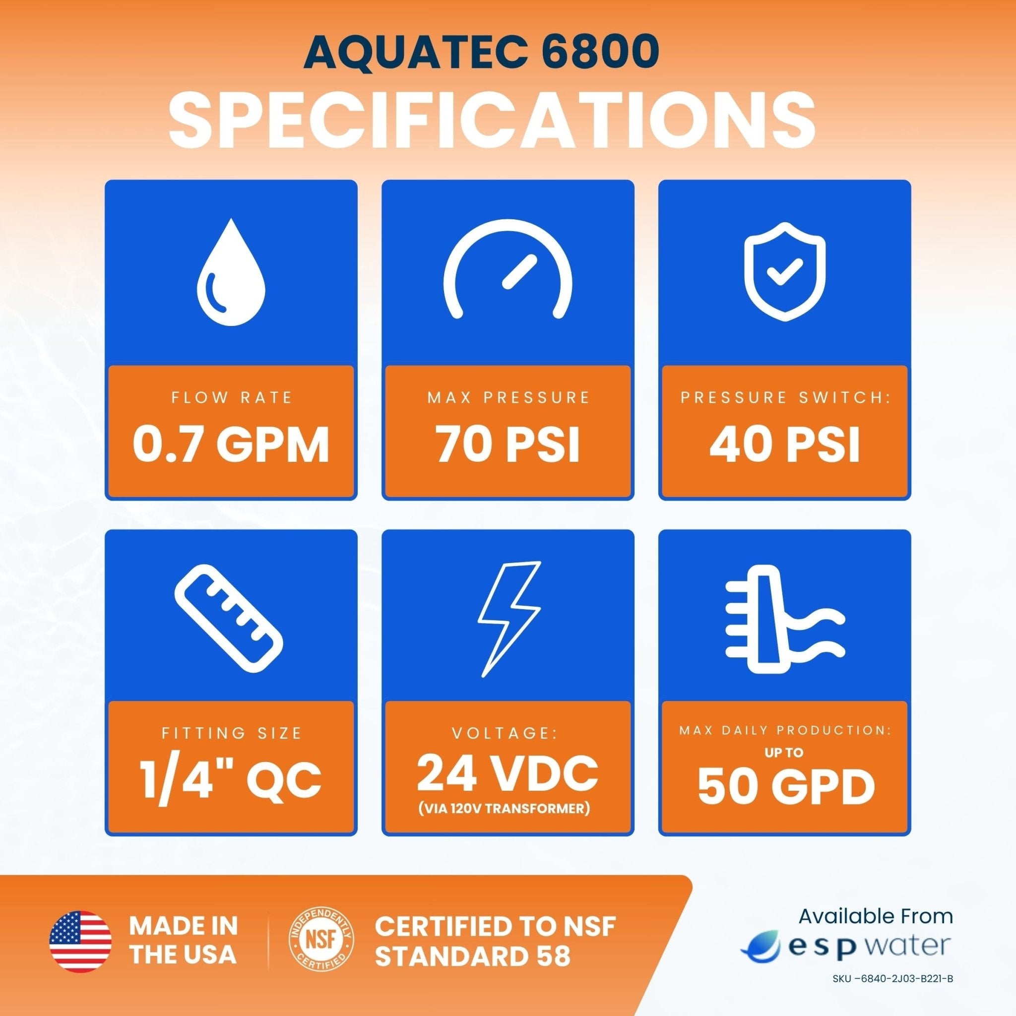 Aquatec 6800 RO Booster Pump Kit with Pressure Switch and Transformer 1/4 Inch Fittings 50 GPD 6840-2J03-B221-B - ESP Water