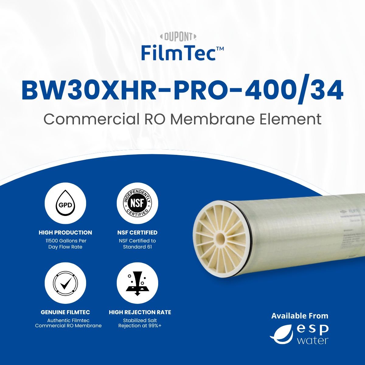 FilmTec BW30XHR PRO - 400/34 RO Membrane Brackish 11500 GPD 8"x40" BW30XHR-PRO-400/34 - ESP Water