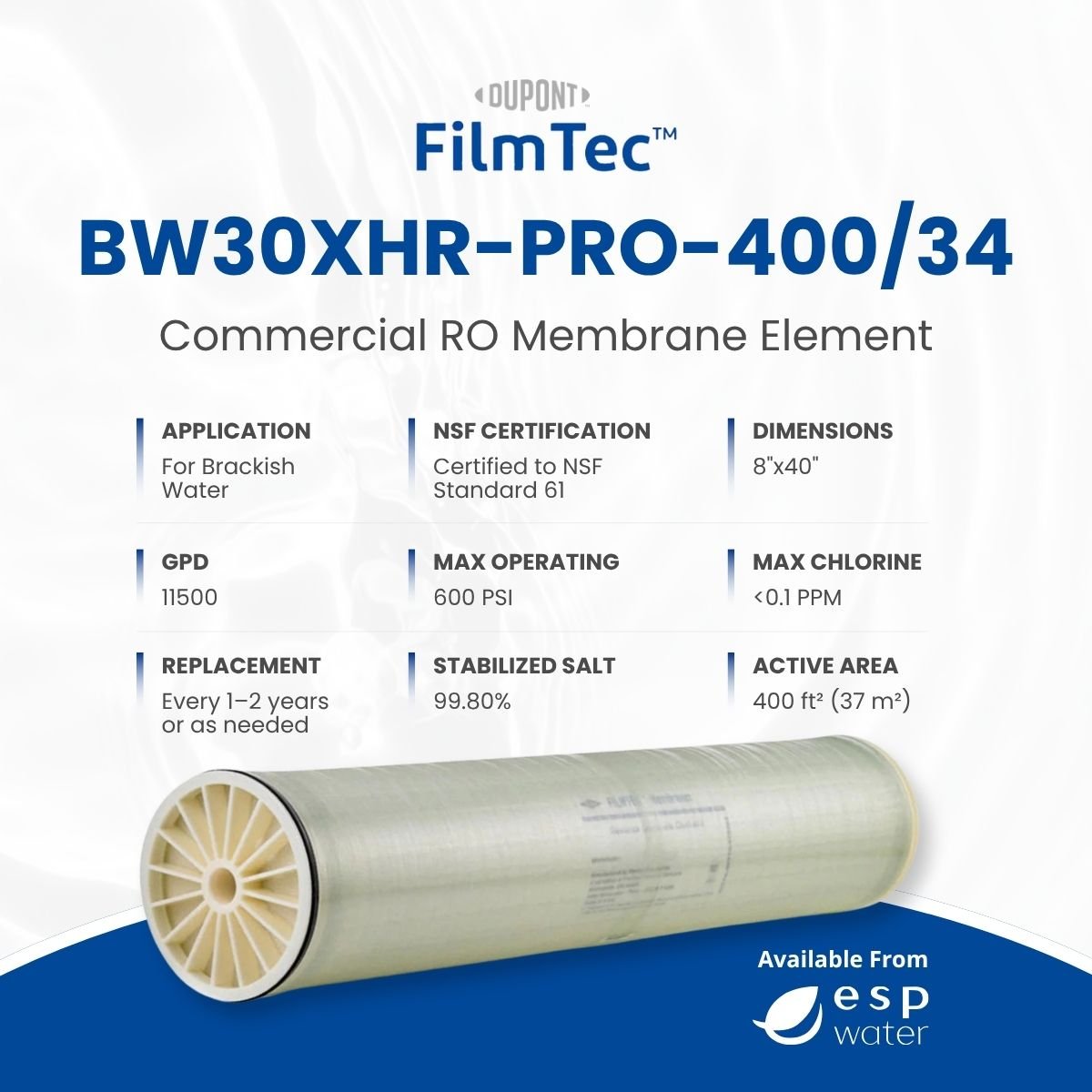 FilmTec BW30XHR PRO - 400/34 RO Membrane Brackish 11500 GPD 8"x40" BW30XHR-PRO-400/34 - ESP Water