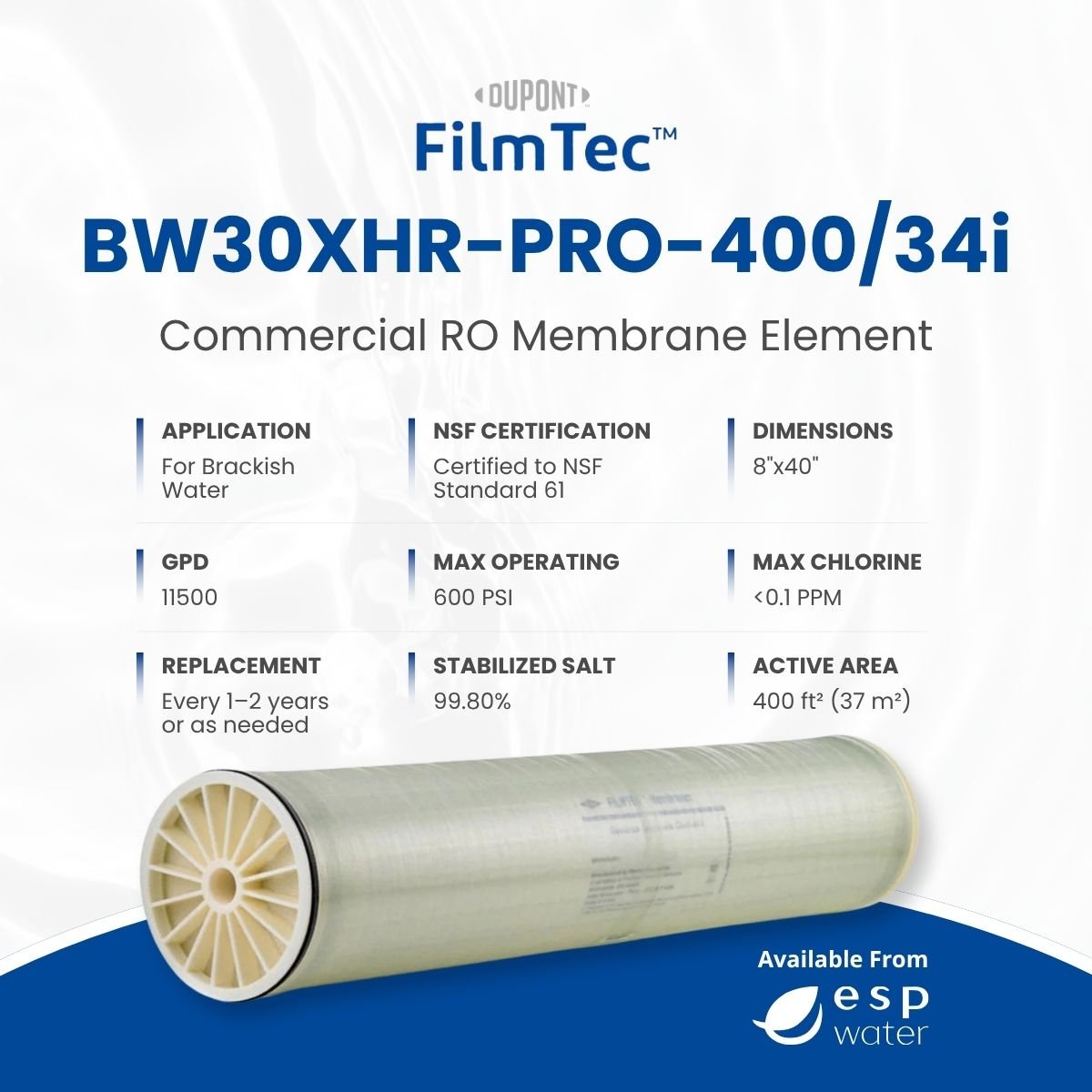FilmTec BW30XHR PRO - 400/34i RO Membrane Brackish 11500 GPD 8"x40" BW30XHR-PRO-400/34i - ESP Water