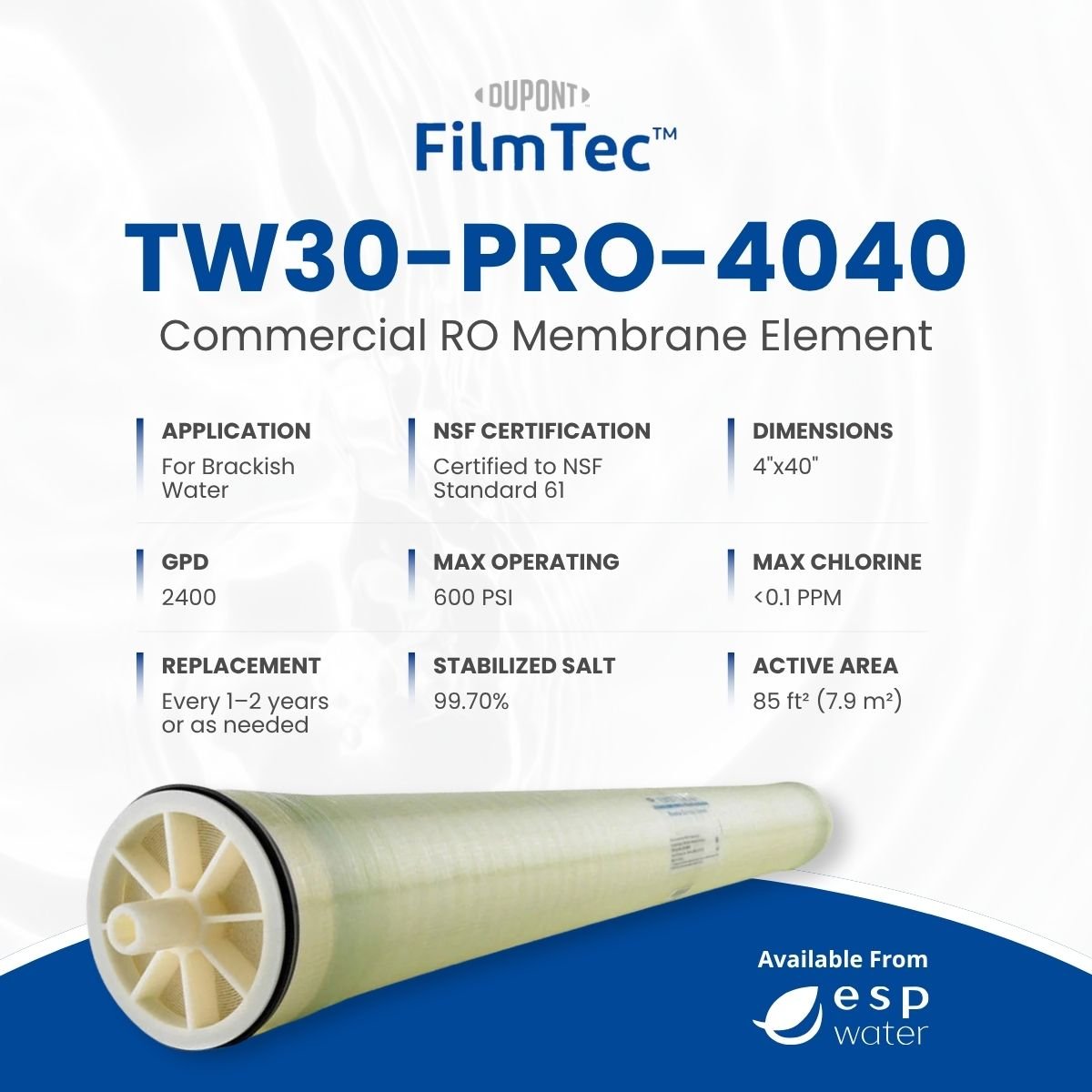 FilmTec TW30 PRO - 4040 RO Membrane Brackish 2400 GPD 4"x40" TW30-PRO-4040 - ESP Water