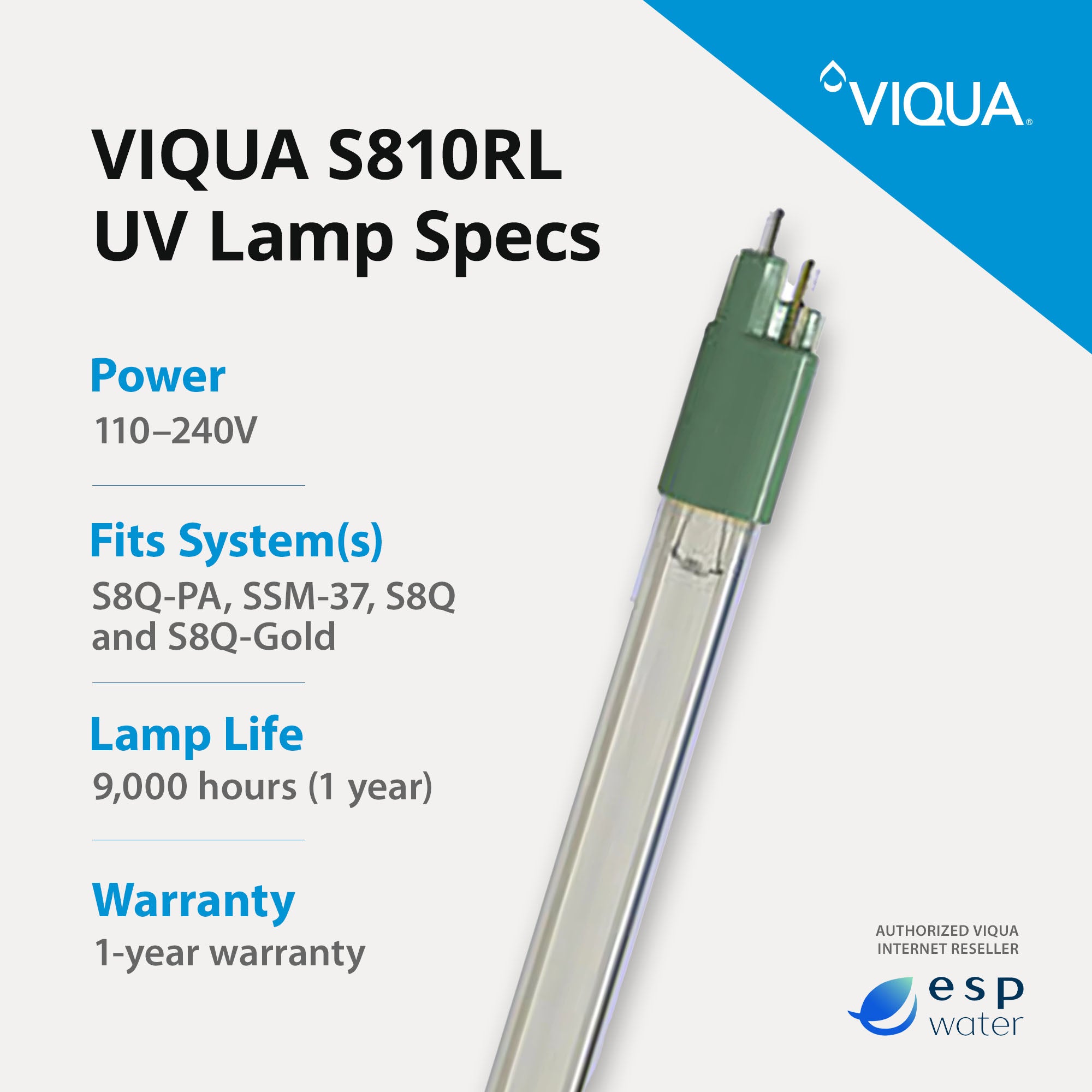 VIQUA S810RL UV lamp specifications with recommended 12-month replacement interval