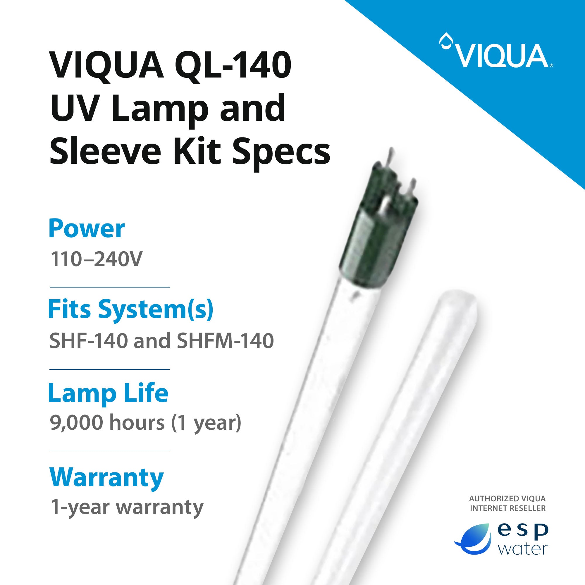 VIQUA QL-140 UV lamp and quartz sleeve kit specifications