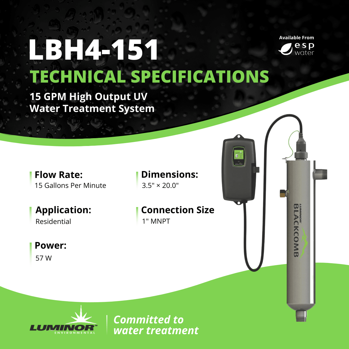 LUMINOR LBH4-151 15 GPM UV water treatment system technical specifications