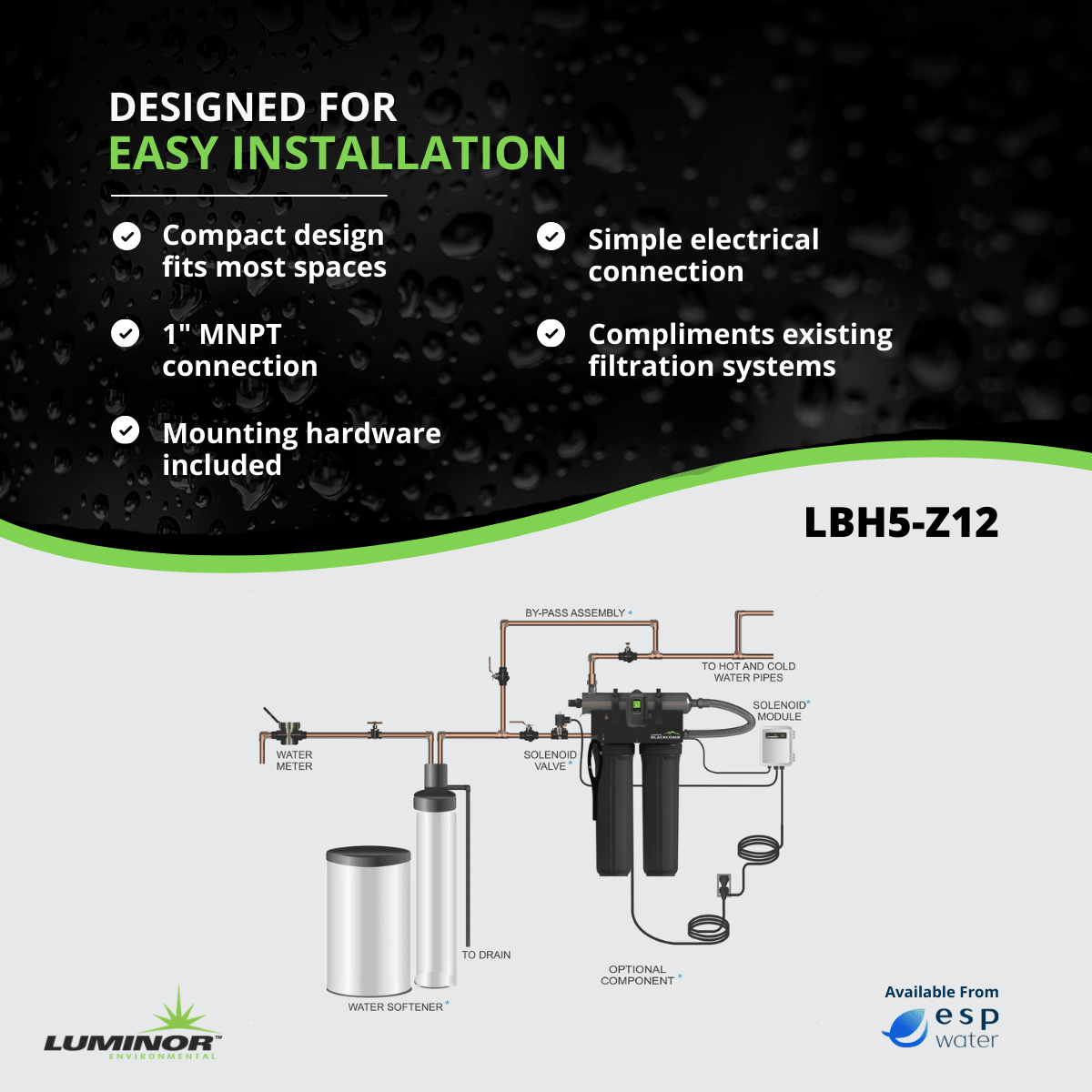 LUMINOR LBH5-Z12 rack-mounted UV and prefiltration system installation diagram