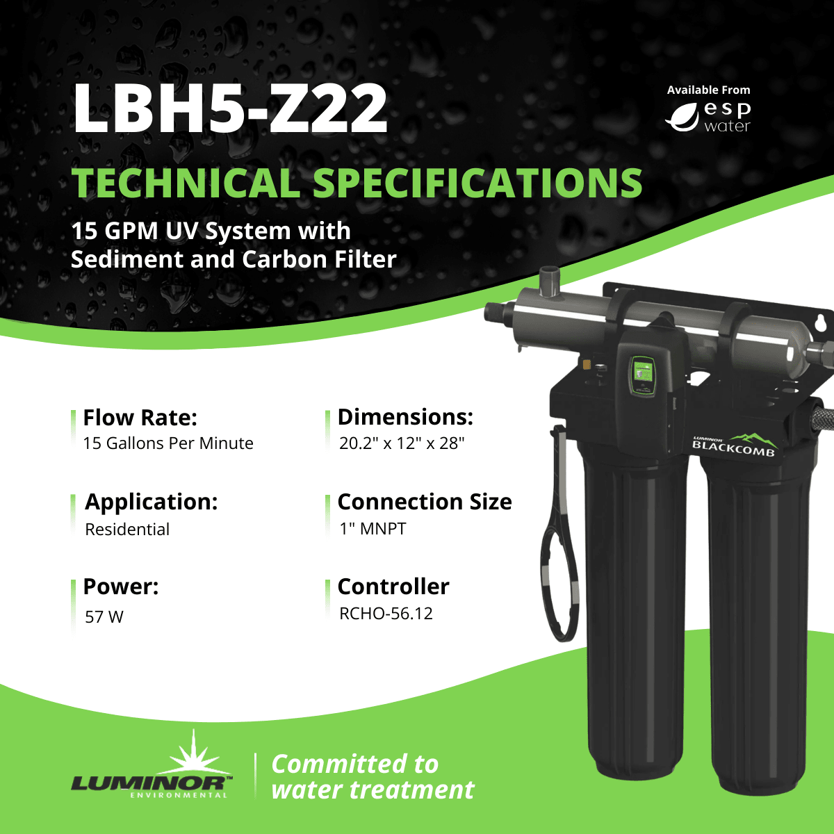 LUMINOR LBH5-Z22 technical specifications for 15 GPM whole-home UV water treatment with prefiltration
