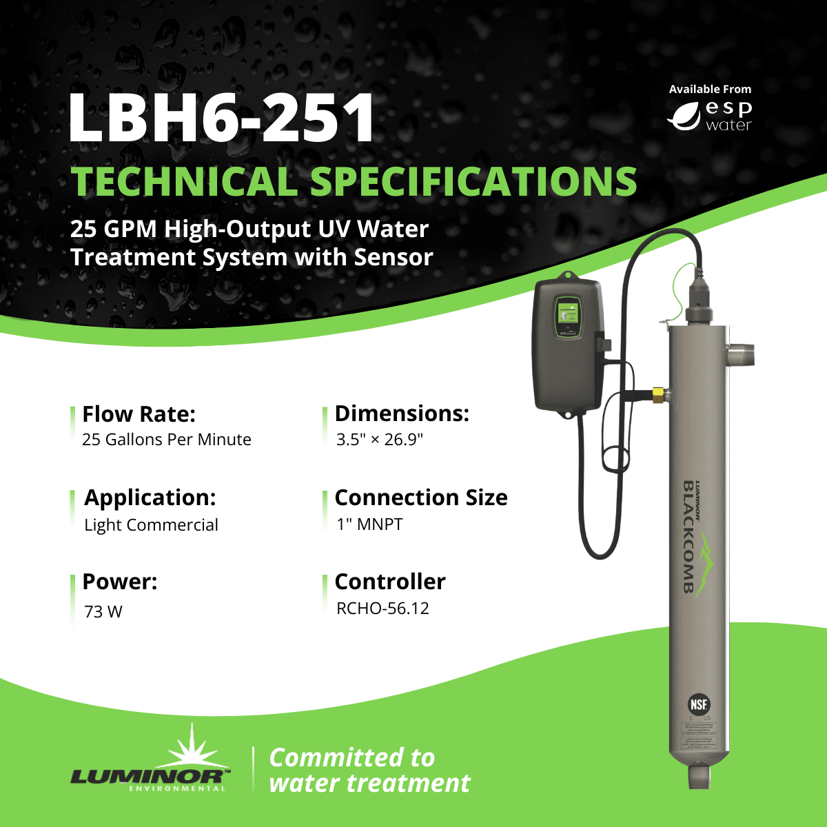 Luminor Blackcomb - HO 6.1 LBH6 - 251 UV System with Sensor 25 GPM 1" MNPT LBH6-251 - ESP Water