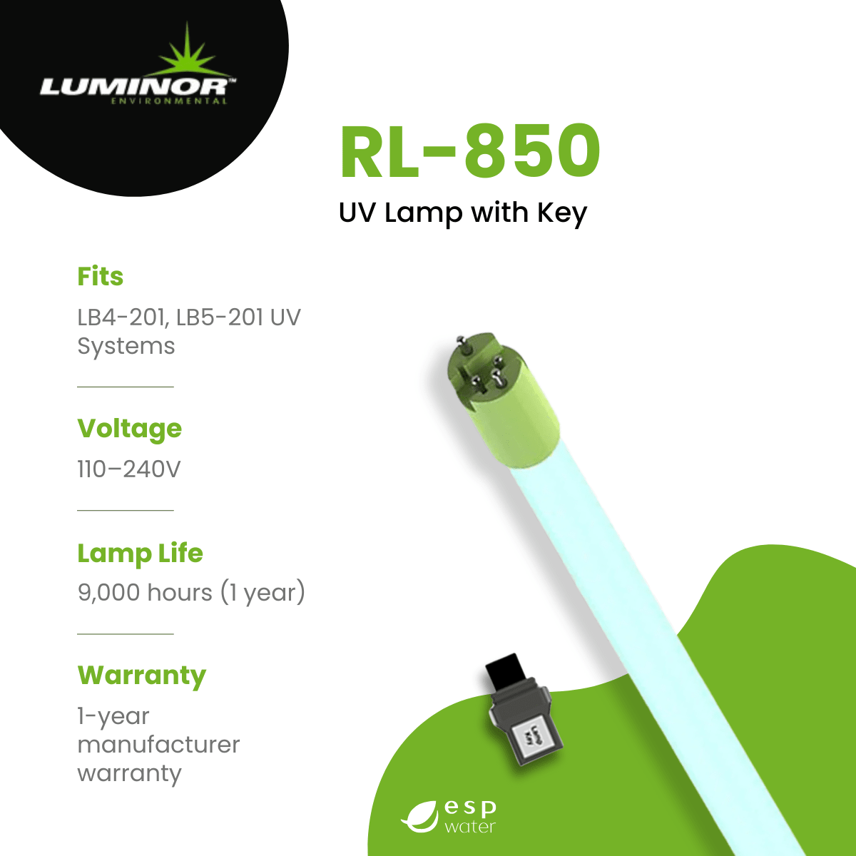 Luminor RL-850 replacement UV lamp specifications with 9,000-hour rated lamp life