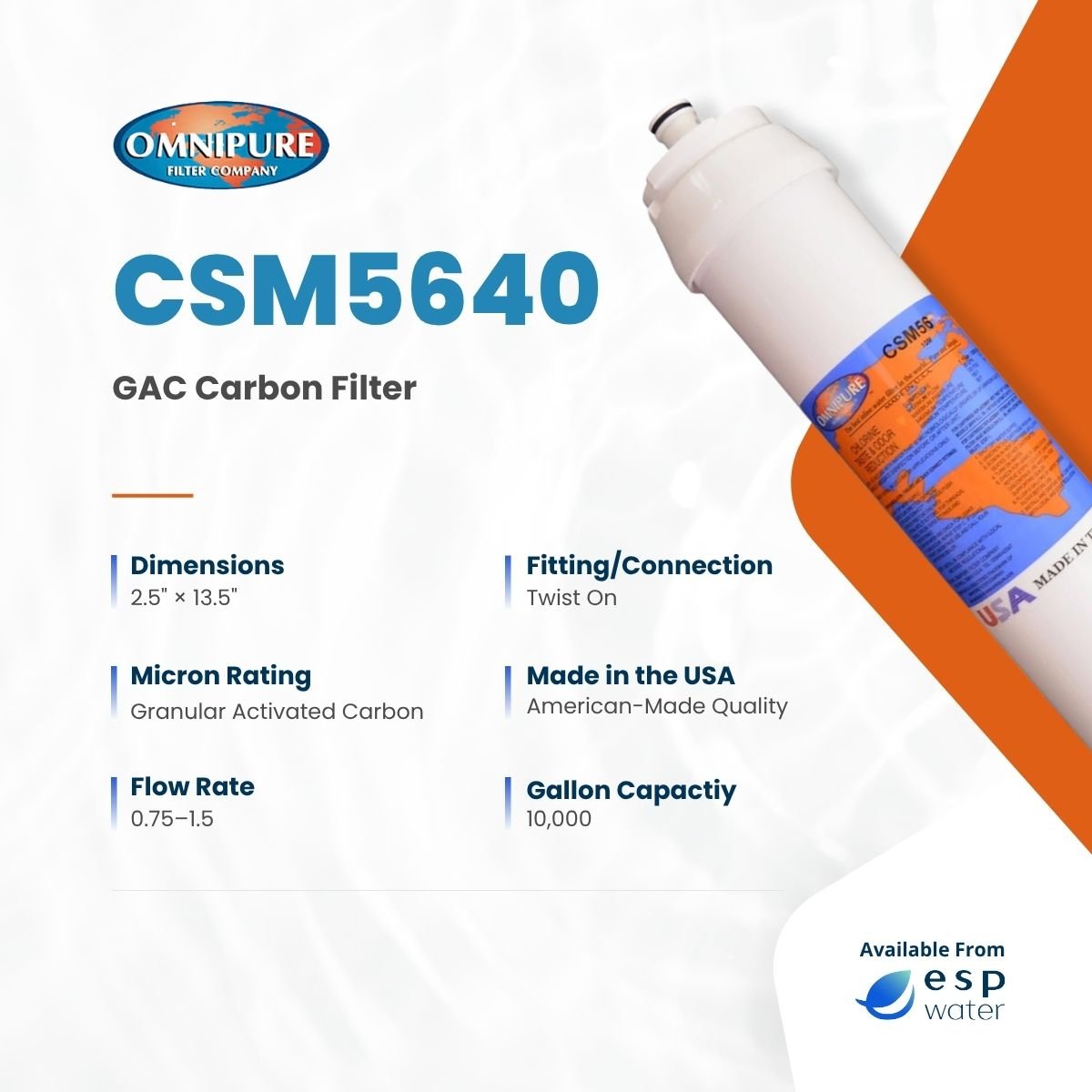 Omnipure CSM5640 granular activated carbon filter specifications for compatible 3M SQC systems