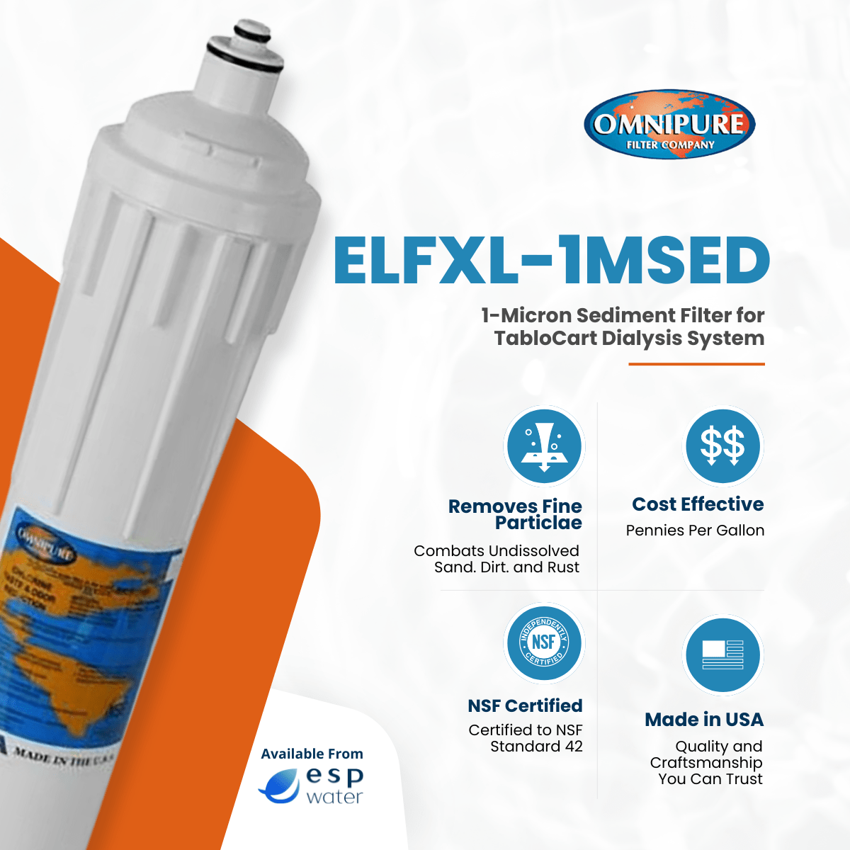 Omnipure ELFXL-1MSED sediment filter benefits for reducing fine sediment, rust and dirt in TabloCart prefiltration