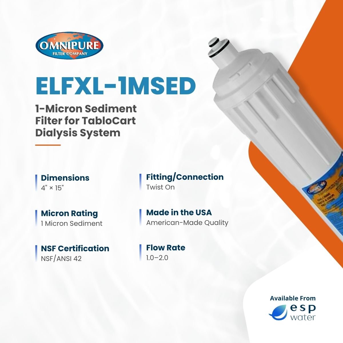 Omnipure ELFXL-1MSED 1-micron sediment filter specifications, 17.5 x 3.125 inches