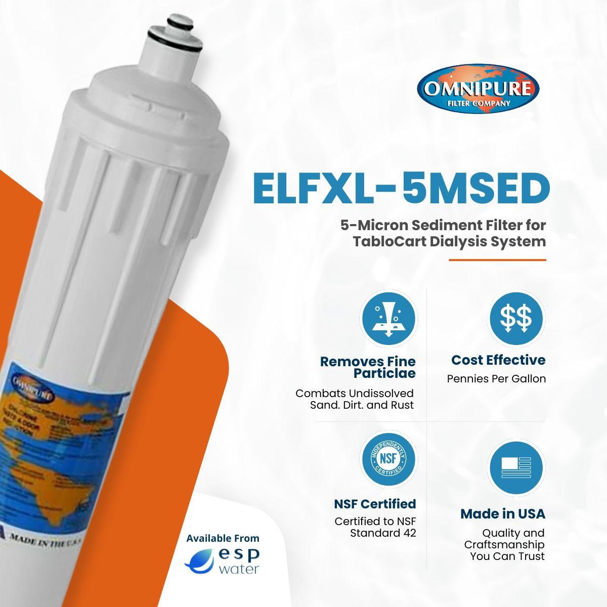 Omnipure ELFXL-5MSED sediment filter benefits for reducing rust, dirt and sediment down to 5 microns