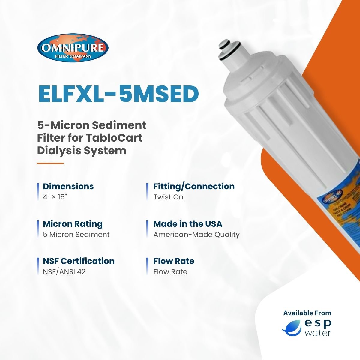 Omnipure ELFXL-5MSED specifications for a 5-micron sediment filter measuring 17.5 x 3.125 inches