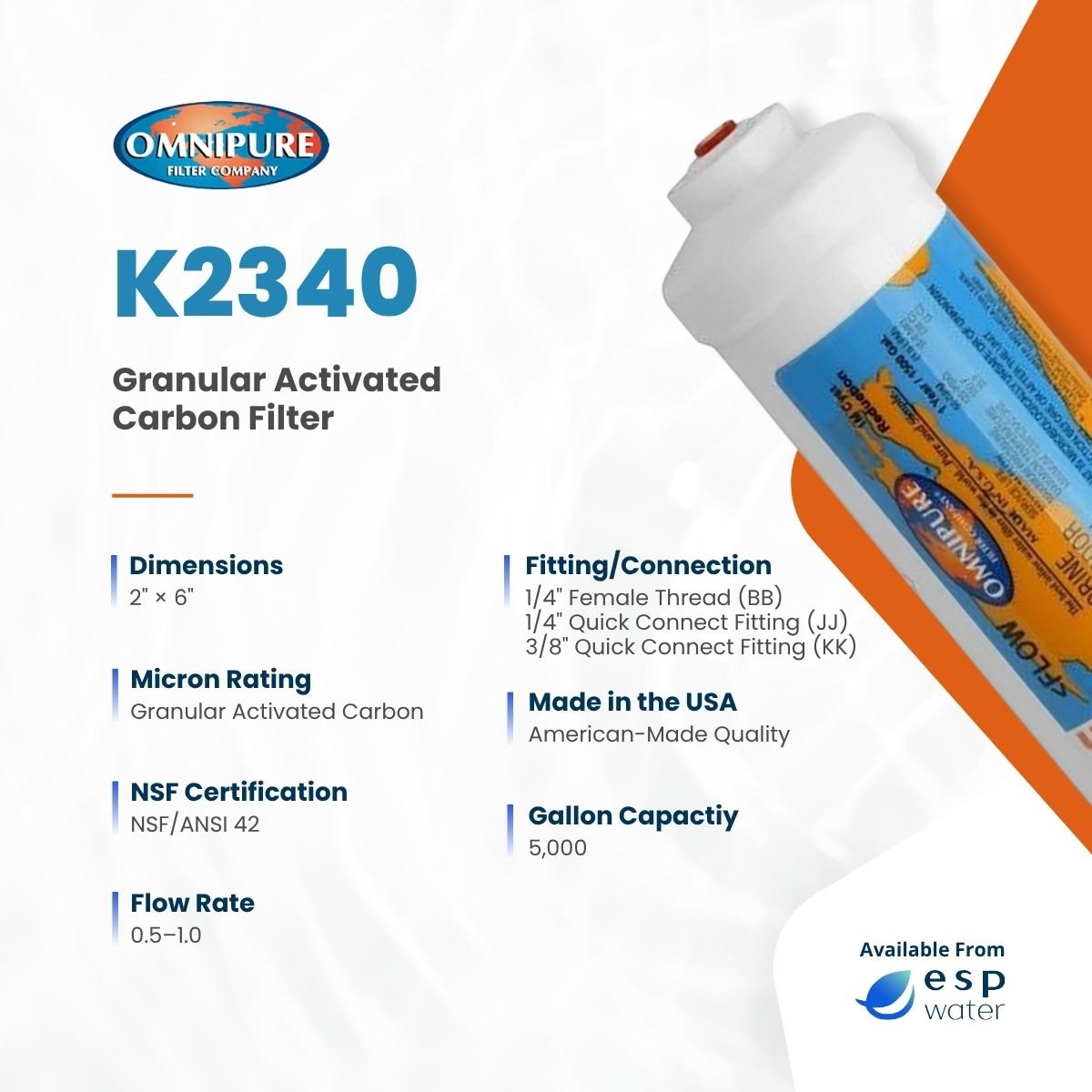 Omnipure K2340 specifications for a 2 x 6 inch granular activated carbon inline filter