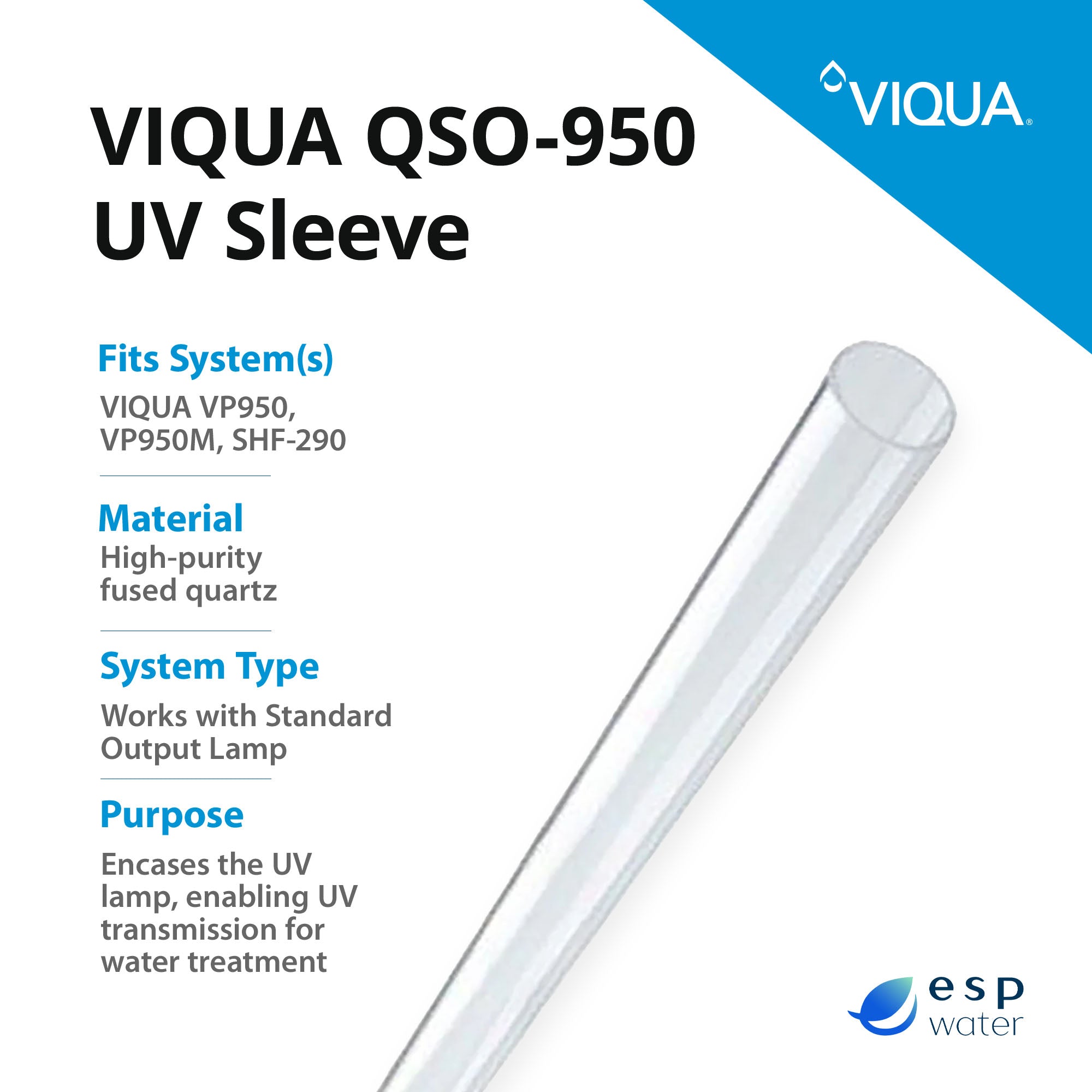 VIQUA QSO-950 replacement quartz sleeve specifications for compatible VP950 and SHF-290 Series systems