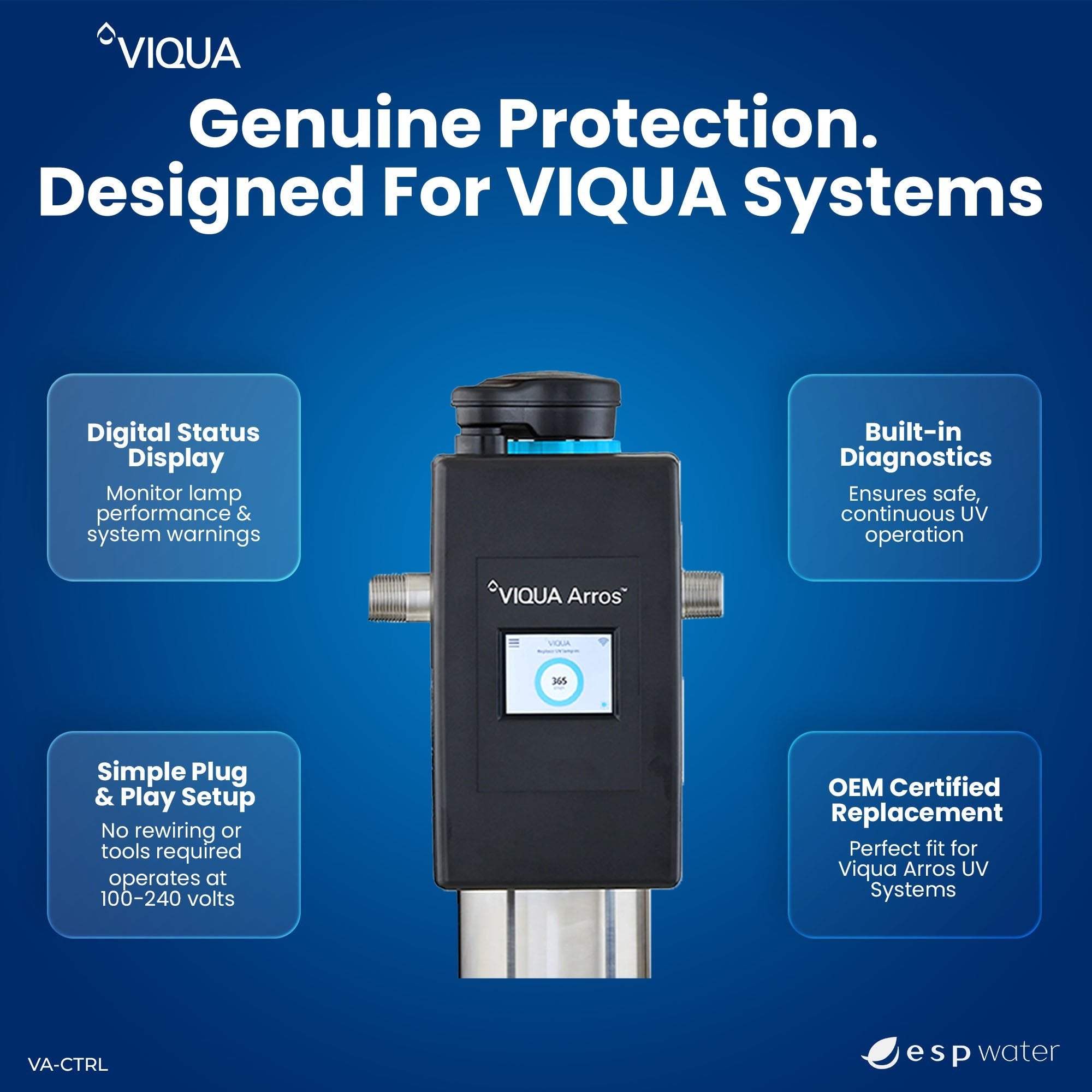 VIQUA VA-CTRL ARROS UV controller features including lamp-life and operating-time monitoring