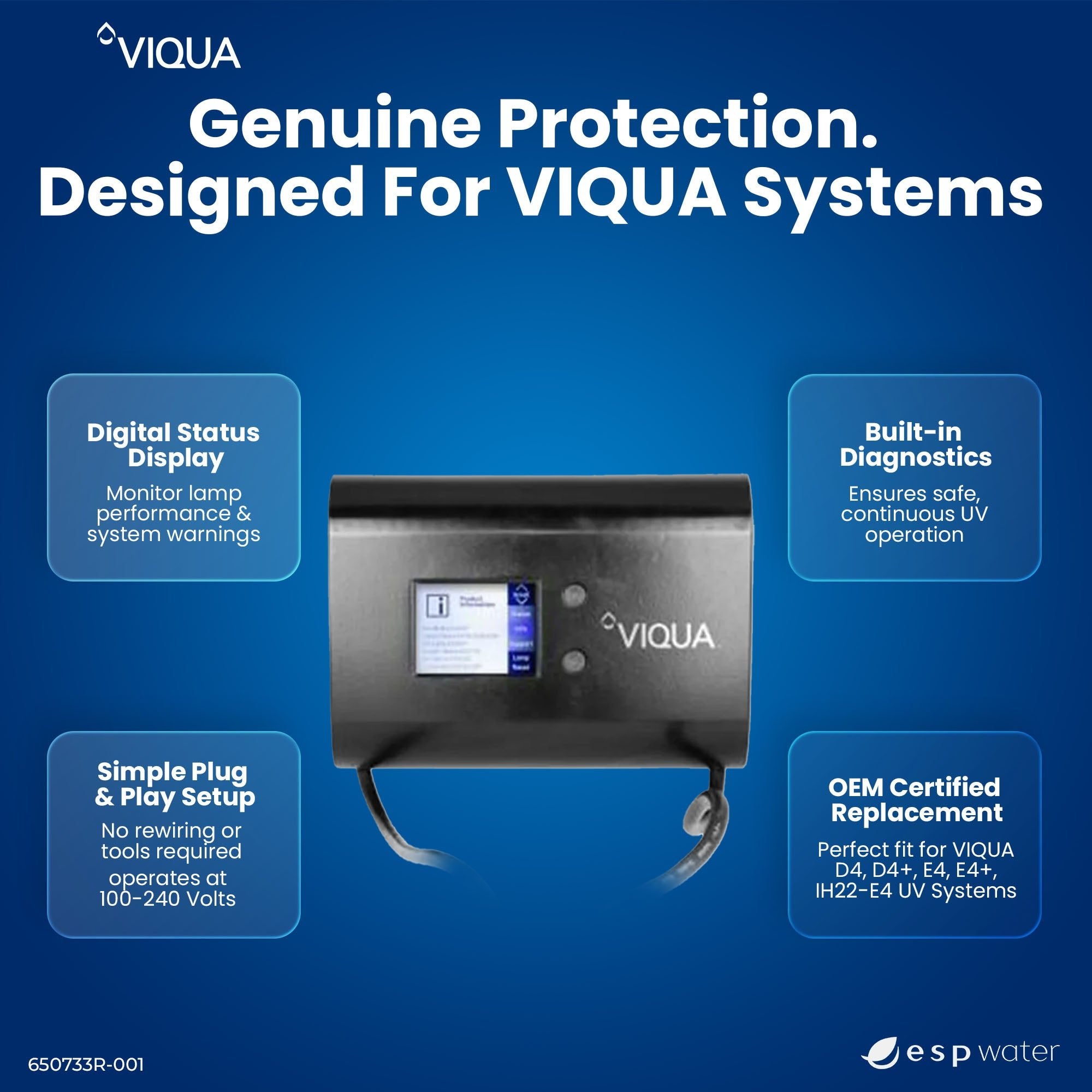 VIQUA 650733R-001 controller features with 100-240V input, lamp monitoring and replacement reminders
