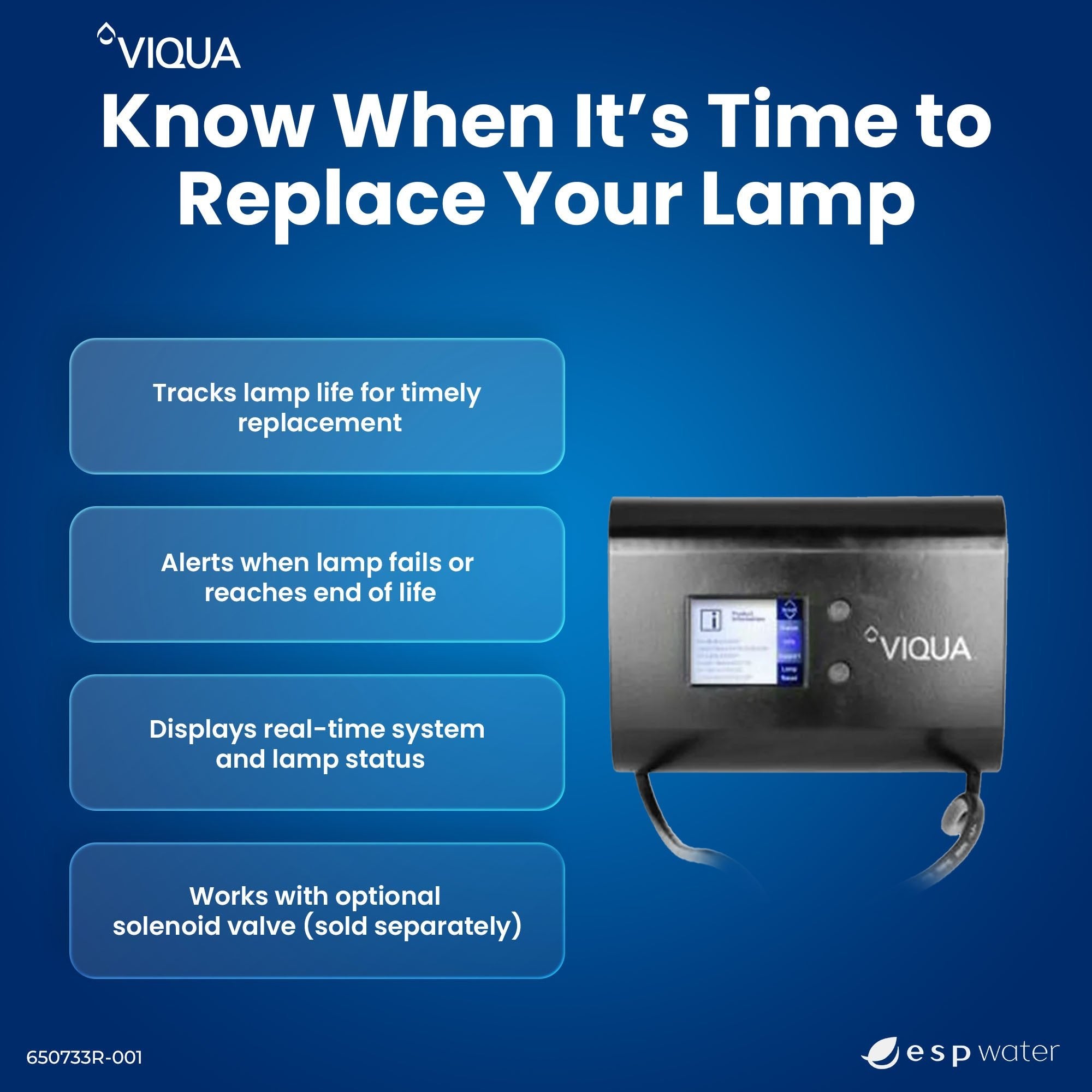 VIQUA 650733R-001 controller lamp-life countdown and system status display