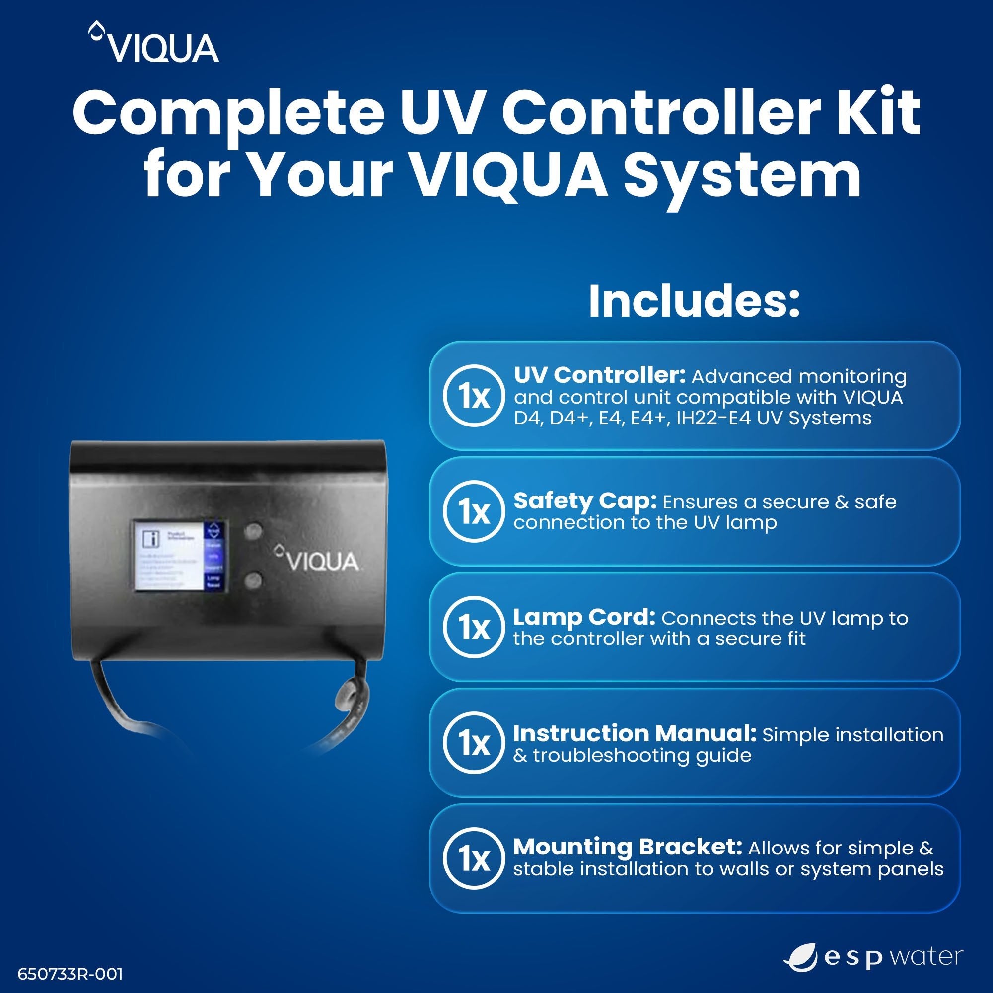 VIQUA 650733R-001 UV controller replacement kit contents for compatible UVMAX systems