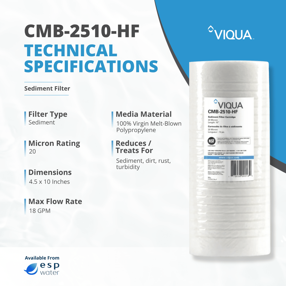 VIQUA CMB-2510-HF 20-micron sediment filter specifications, 4.5 x 10 inch