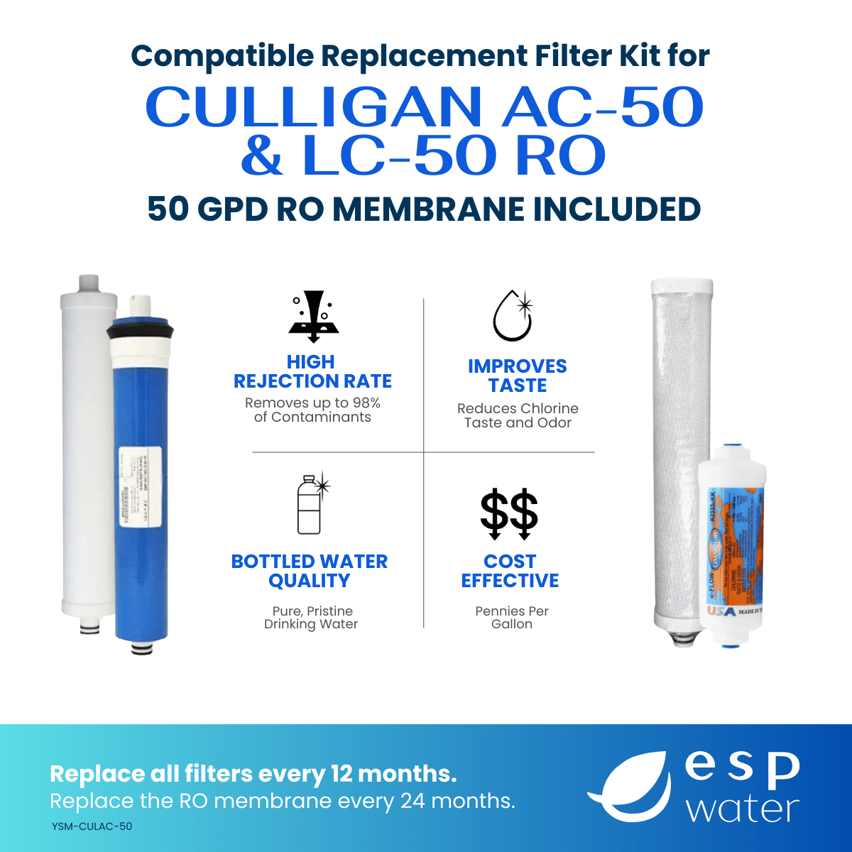 Culligan AC - 50 & LC - 50 Compatible RO Filter Kit with Membrane YSM-CULAC-50 - ESP Water