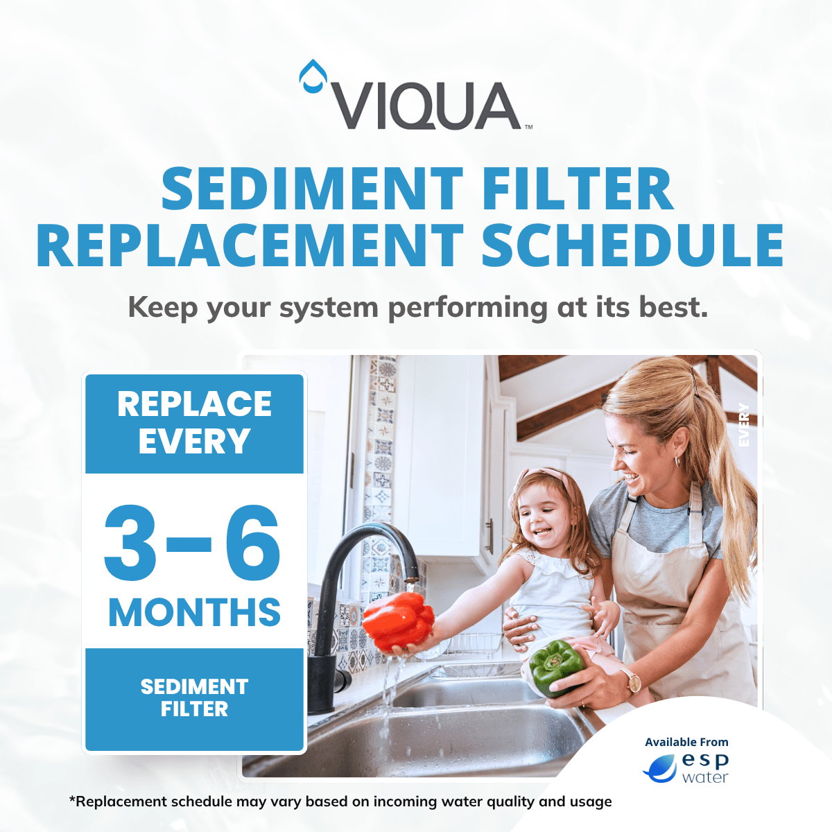 VIQUA sediment filter replacement schedule for maintaining prefiltration performance