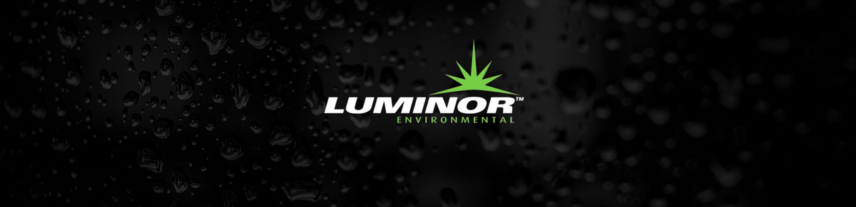 LUMINOR Environmental ultraviolet water treatment logo on a black water-droplet banner.