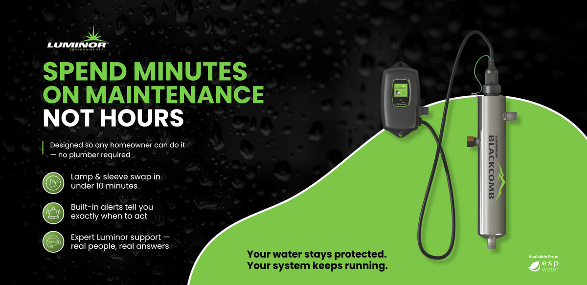 LUMINOR Blackcomb UV system maintenance infographic showing controller alerts and lamp-and-sleeve replacement in under 10 minutes.