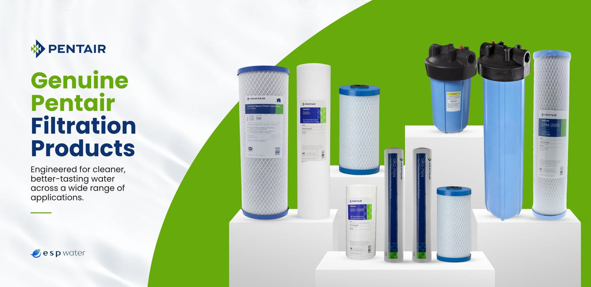 Genuine Pentair water filtration products, including replacement cartridges, filter housings, and inline filters.