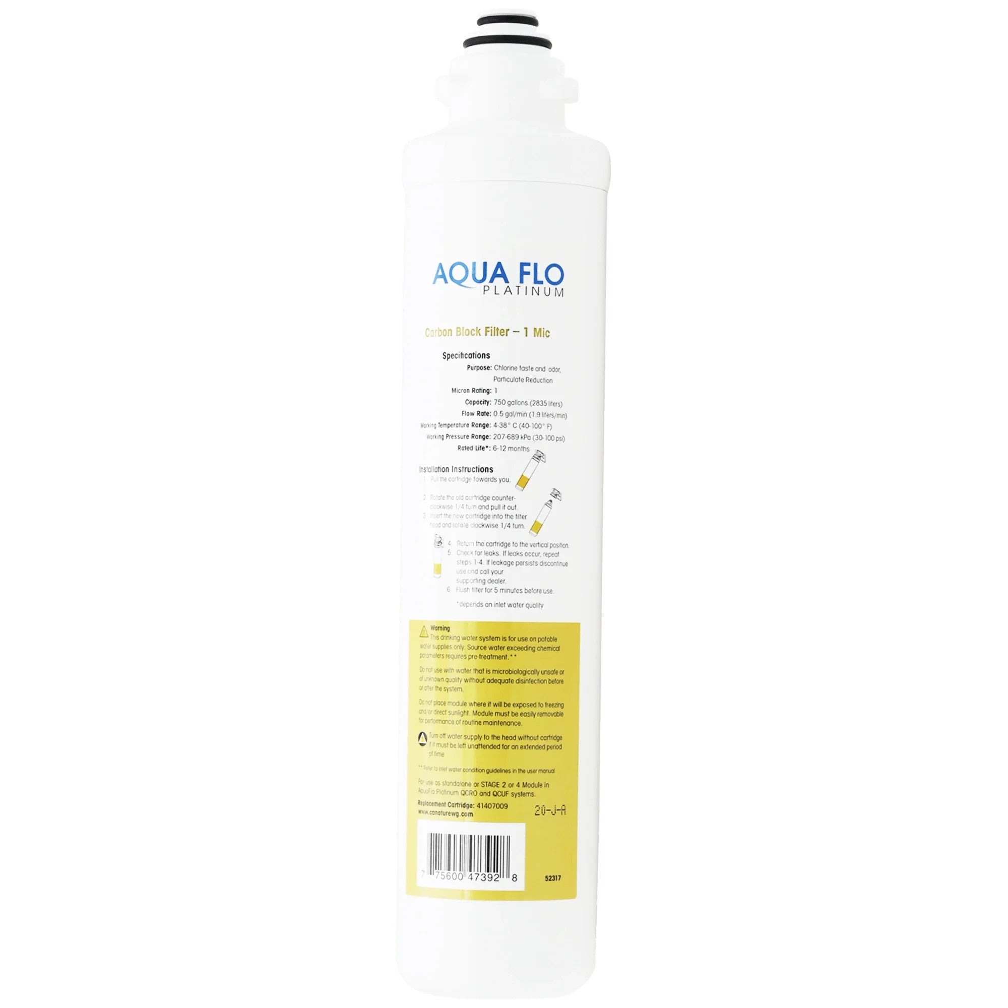 Aqua Flo 41407009 1-micron quick-change carbon block filter for compatible QCRO and QCUF systems