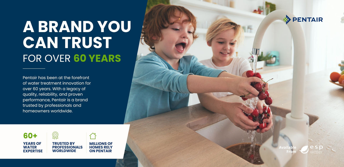 Pentair water filtration brand infographic featuring children washing fruit at a kitchen sink and more than 60 years of experience.