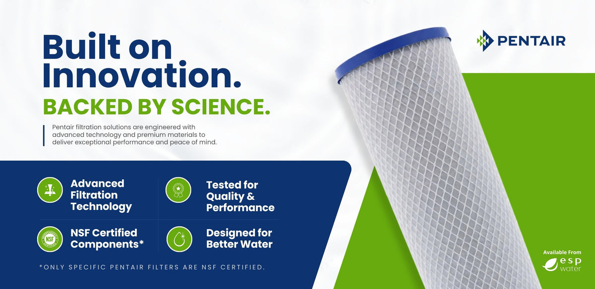 Pentair replacement water filter cartridge infographic highlighting filtration technology, performance testing, and selected NSF-certified components.