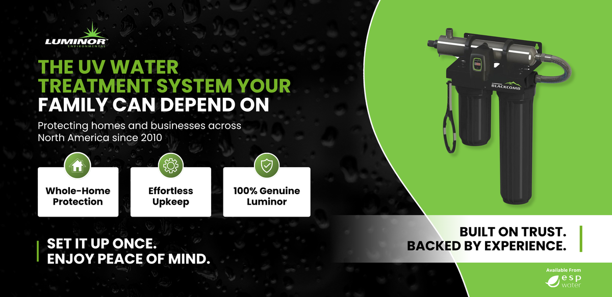 LUMINOR Blackcomb whole-home UV water treatment system with dual pre-filters, highlighting simple upkeep and genuine replacement parts.
