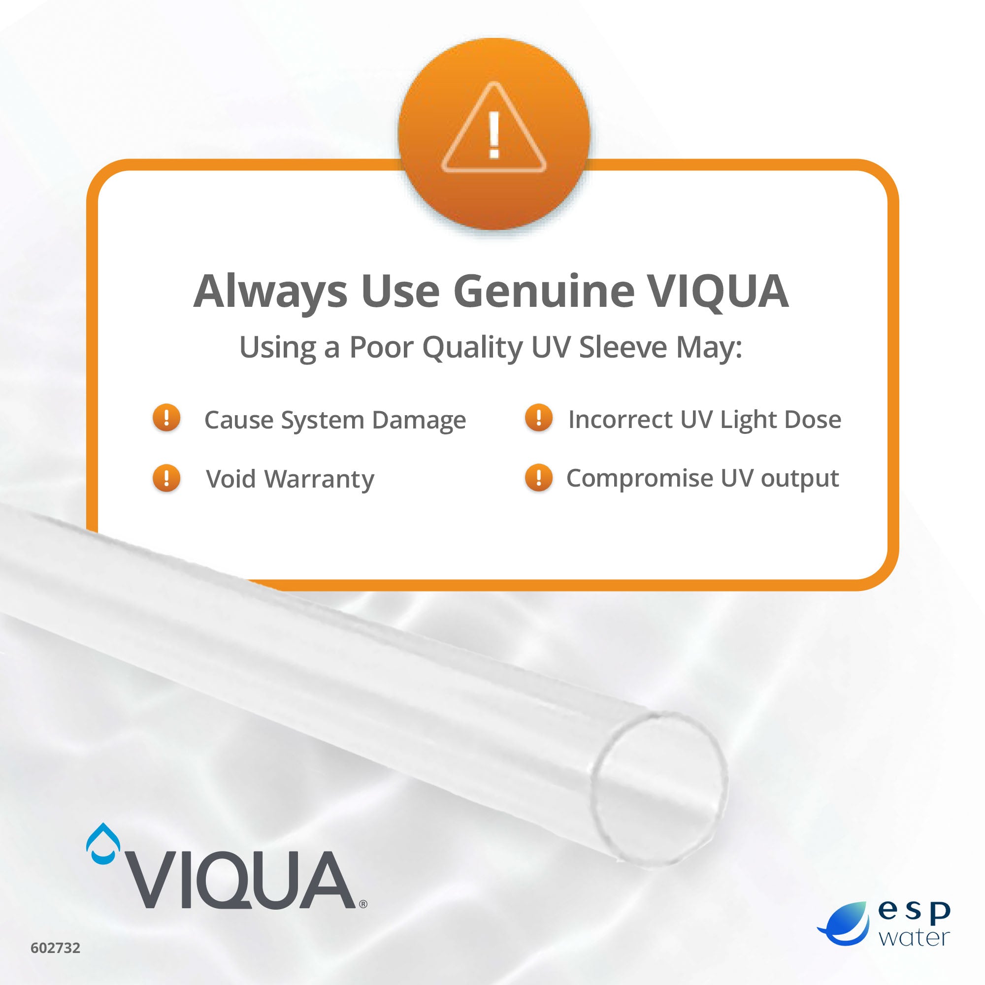 Genuine VIQUA 602732 UV quartz sleeve replacement for compatible D4 and C Series systems