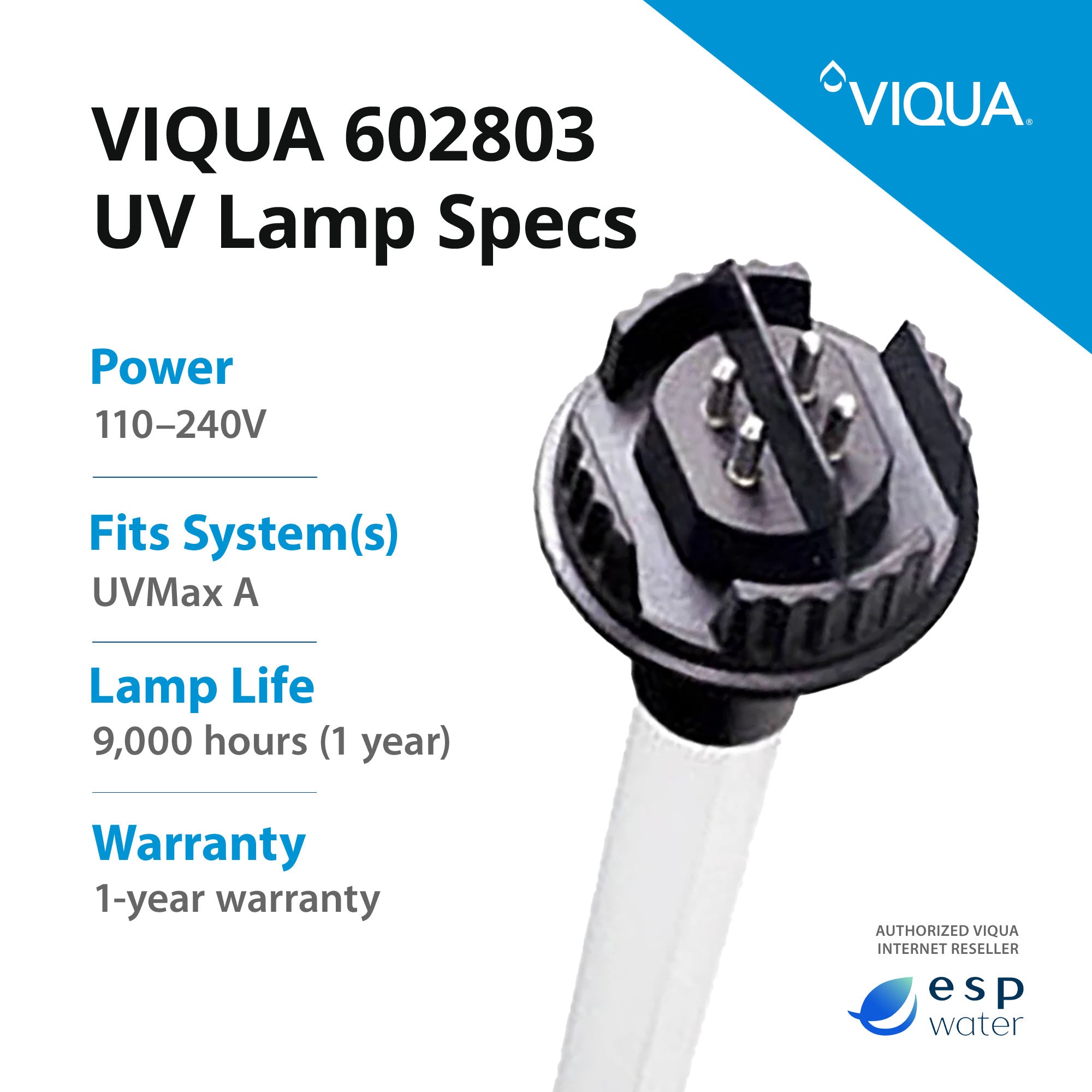 VIQUA 602803 UV replacement lamp specifications for compatible UVMAX A systems