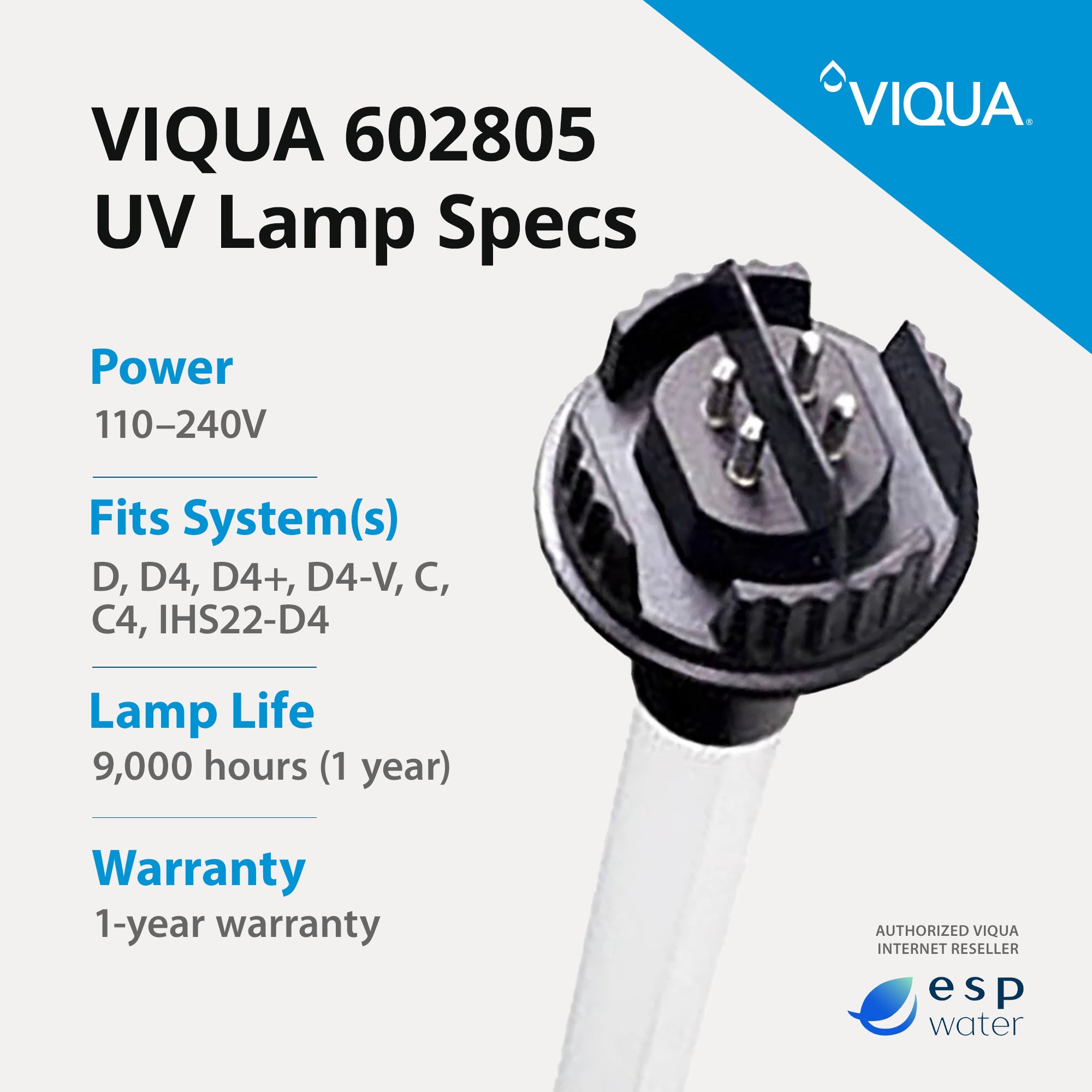 VIQUA 602805 UV-C lamp specifications with 40-watt output and 9,000-hour replacement interval
