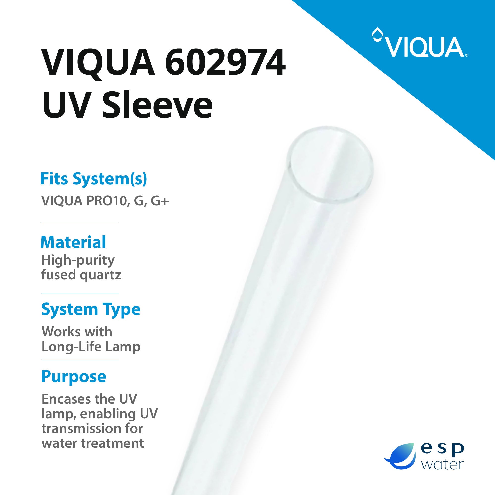 VIQUA 602974 replacement quartz sleeve specifications for compatible UVMAX UV systems