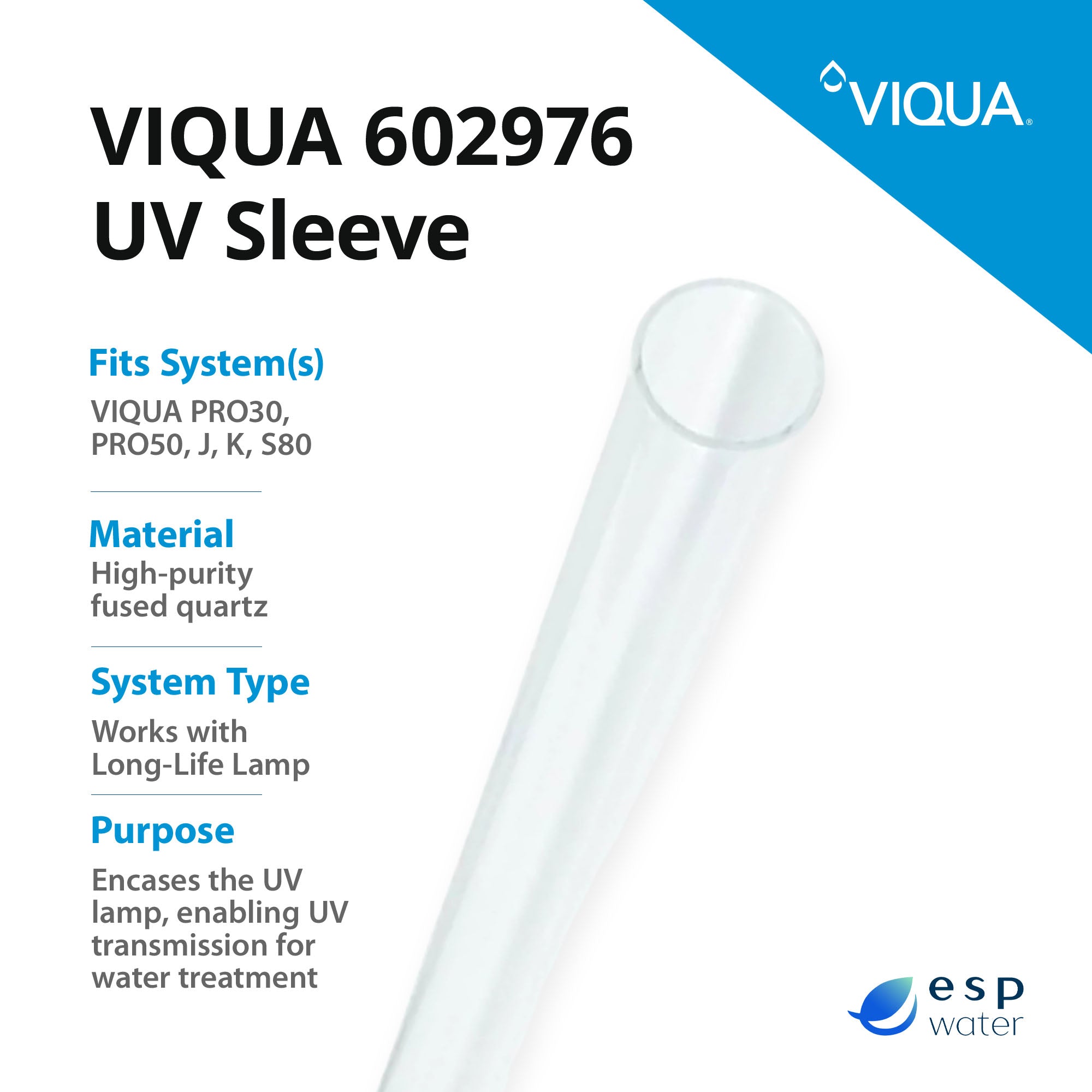 VIQUA 602976 replacement quartz sleeve specifications for compatible UVMAX UV systems