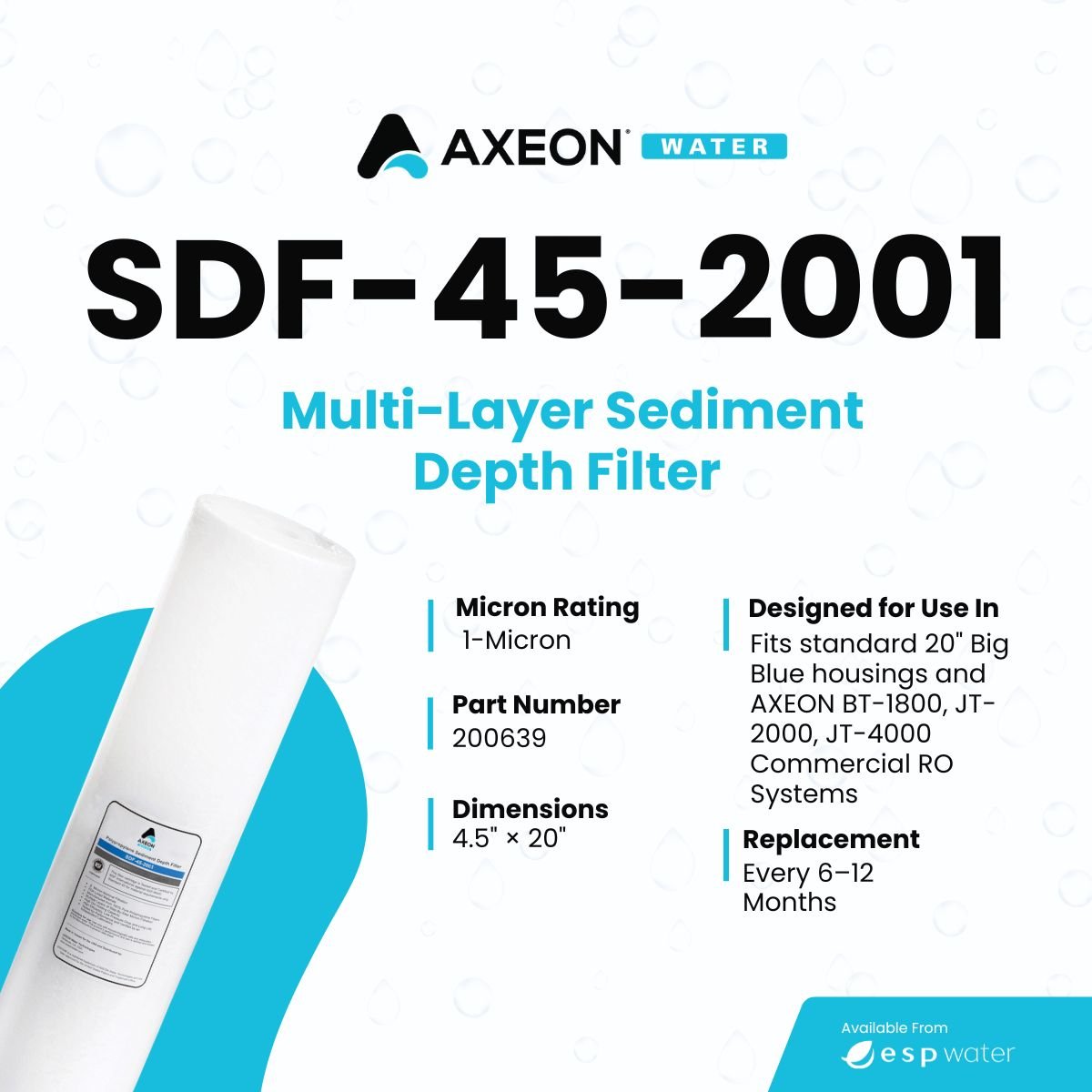 AXEON 200639 SDF-45-2001 sediment depth filter specifications