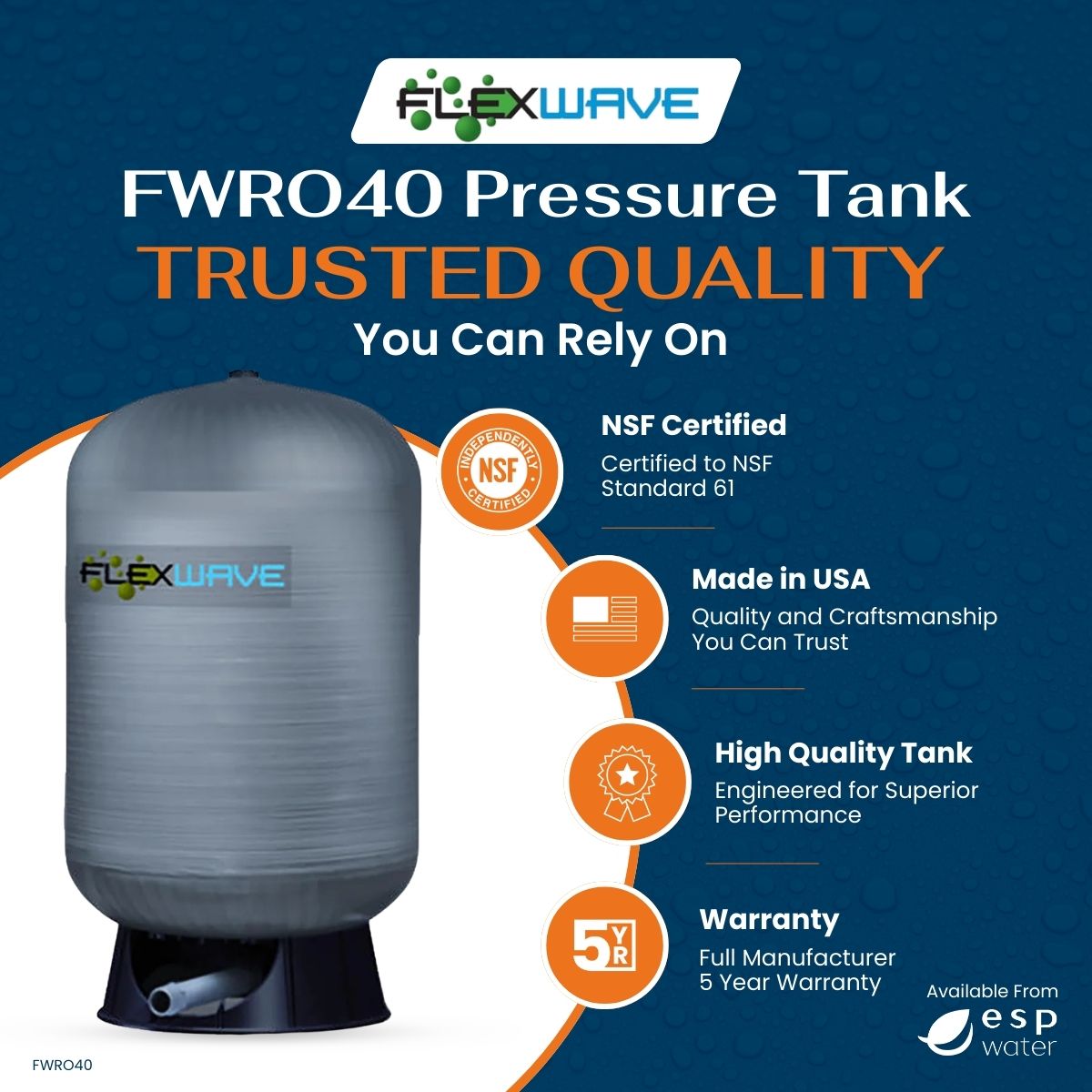Flexwave Composite FWRO40 RO Pressure Tank 40 Gal 1 - 1/4" NPT FWRO40 - ESP Water