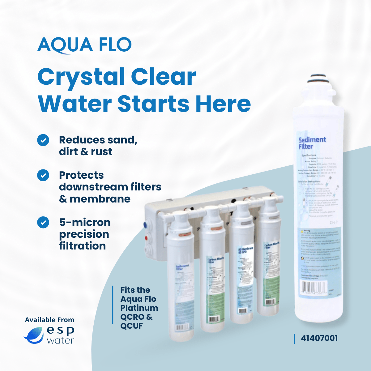 Aqua Flo 41407001 quick-change sediment filter features with 5-micron filtration and twist-lock design