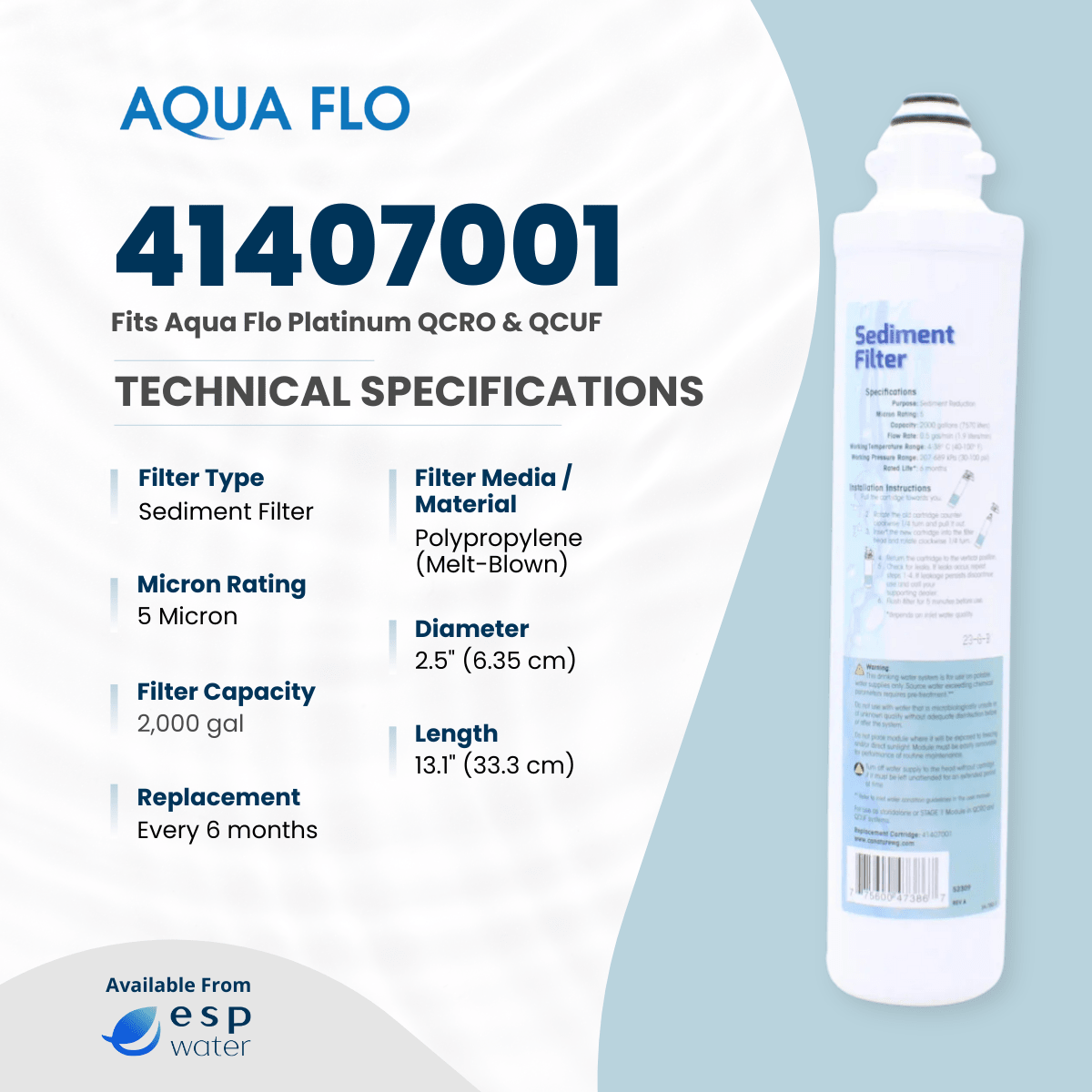 Aqua Flo 41407001 sediment filter specifications for QCRO and QCUF reverse osmosis systems
