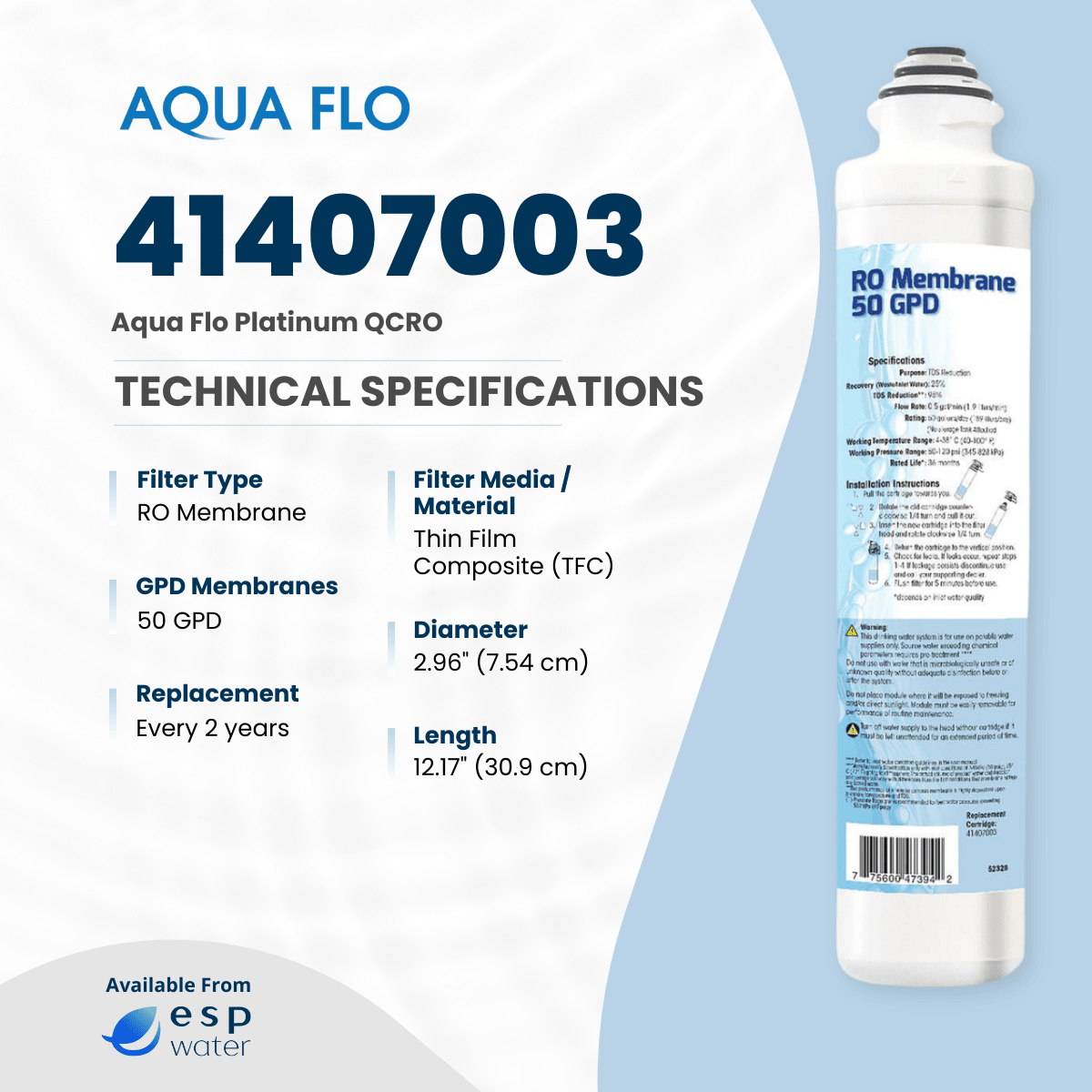 Aqua Flo 41407003 50 GPD thin-film composite reverse osmosis membrane specifications