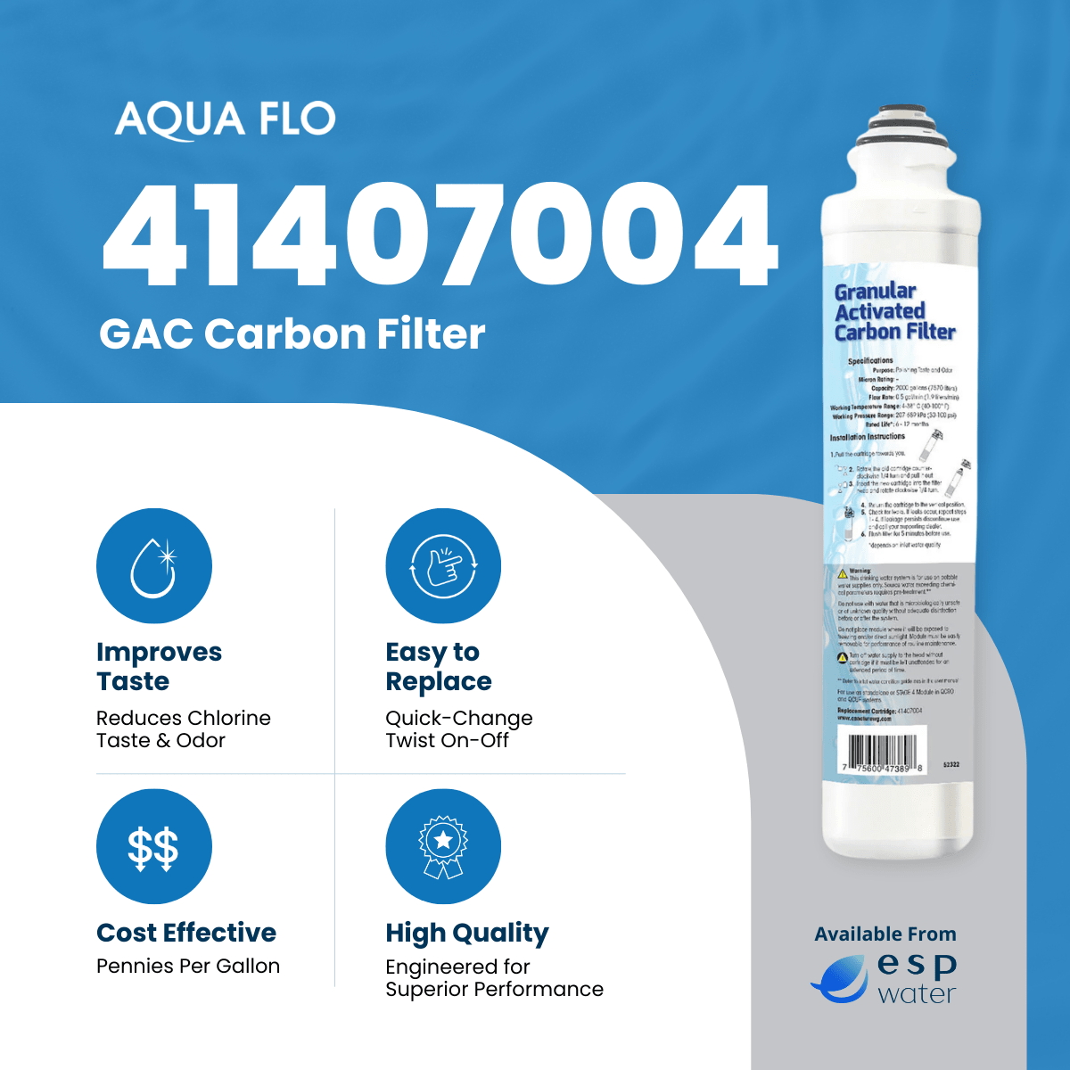 Aqua Flo 41407004 GAC carbon filter benefits for chlorine, taste and odor reduction