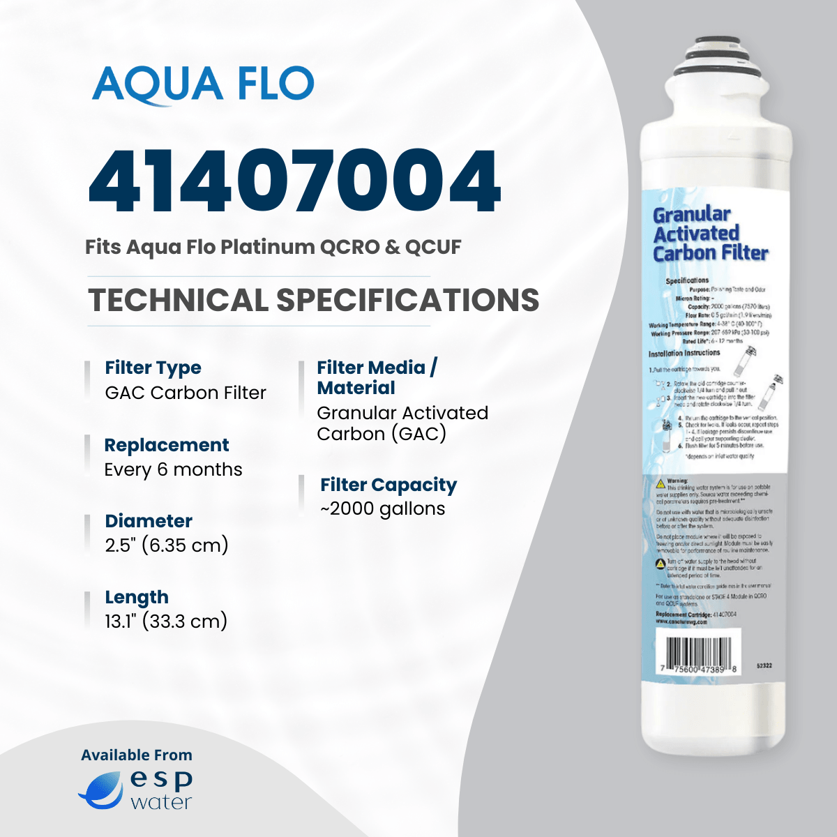 Aqua Flo 41407004 granular activated carbon filter specifications
